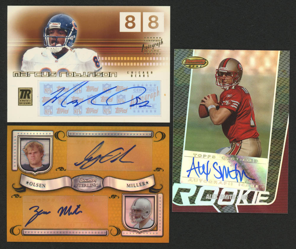Lot of (3) Autograph Topps Football Cards with 2005 Bowman's Best #130 Alex Smith QB Autograph / 199 RC, 2002 Topps Reserve Autographs #RAMR Marcus Robinson D & 2007 Bowman Sterling Dual Autograph Gold Refractors #OM Greg Olsen / 250 / Zach Miller at PristineAuction.com Lot of (3) Autograph Topps Football Cards with 2005 Bowman's Best #130 Alex Smith QB Autograph / 199 RC, 2002 Topps Reserve Autographs #RAMR Marcus Robinson D & 2007 Bowman Sterling Dual Autograph Gold Refractors #OM Greg Olsen / 250 / Zach Miller at PristineAuction.com