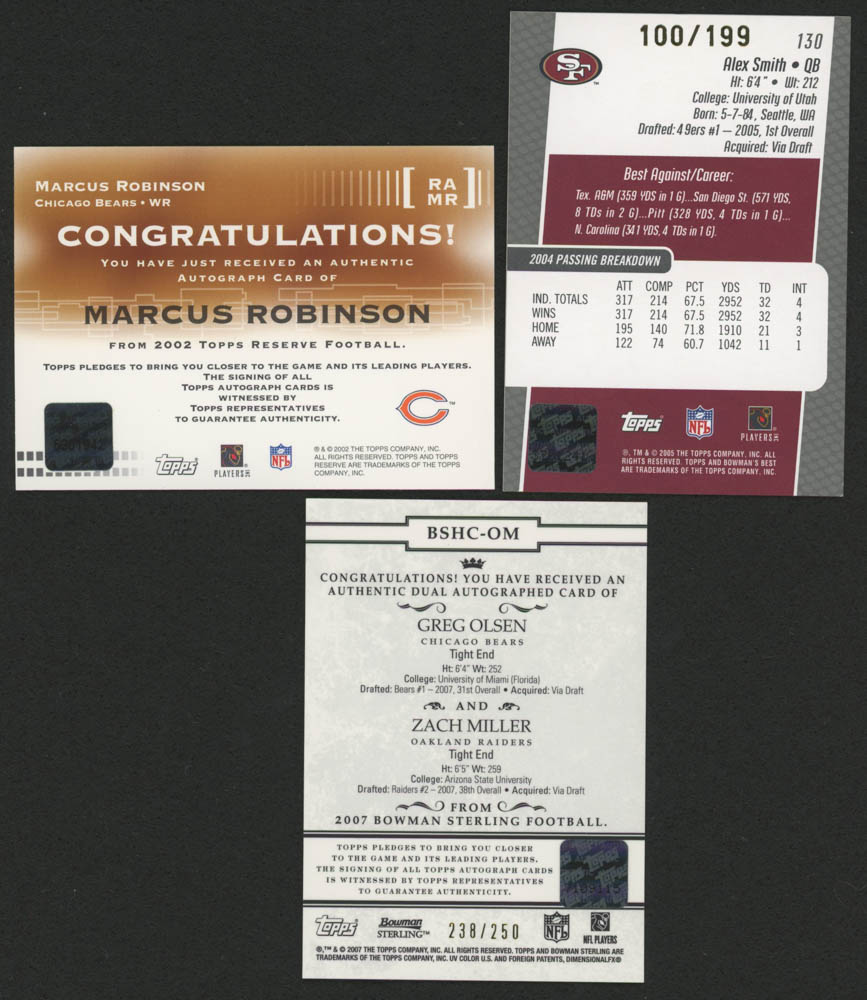 Lot of (3) Autograph Topps Football Cards with 2005 Bowman's Best #130 Alex Smith QB Autograph / 199 RC, 2002 Topps Reserve Autographs #RAMR Marcus Robinson D & 2007 Bowman Sterling Dual Autograph Gold Refractors #OM Greg Olsen / 250 / Zach Miller at PristineAuction.com Lot of (3) Autograph Topps Football Cards with 2005 Bowman's Best #130 Alex Smith QB Autograph / 199 RC, 2002 Topps Reserve Autographs #RAMR Marcus Robinson D & 2007 Bowman Sterling Dual Autograph Gold Refractors #OM Greg Olsen / 250 / Zach Miller at PristineAuction.com