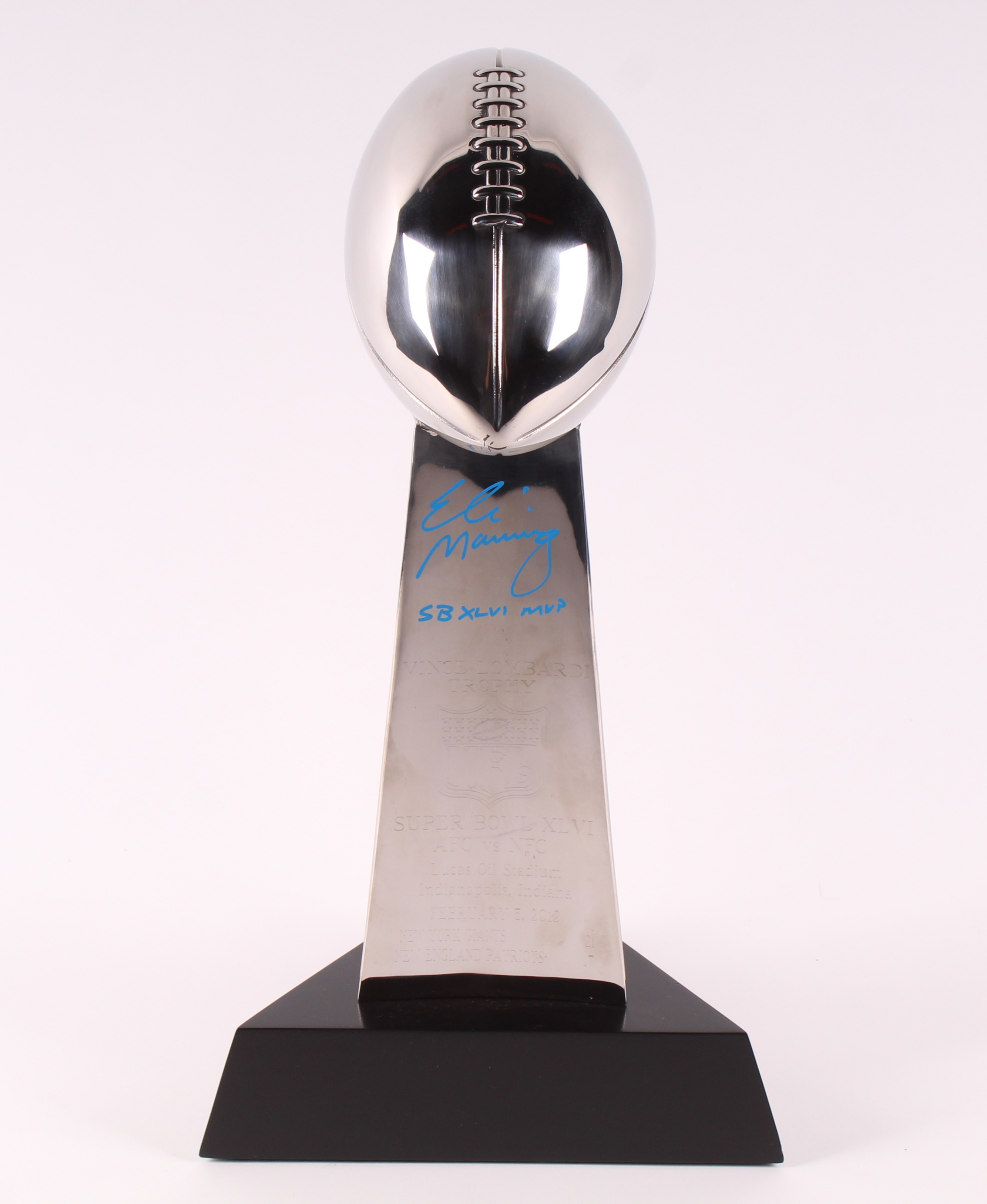 Eli Manning Signed High End Replica Full-Size Super Bowl XLVI Lombardi Trophy Inscribed "Super Bowl XLVI MVP" (Steiner COA) at PristineAuction.com Eli Manning Signed High End Replica Full-Size Super Bowl XLVI Lombardi Trophy Inscribed "Super Bowl XLVI MVP" (Steiner COA) at PristineAuction.com