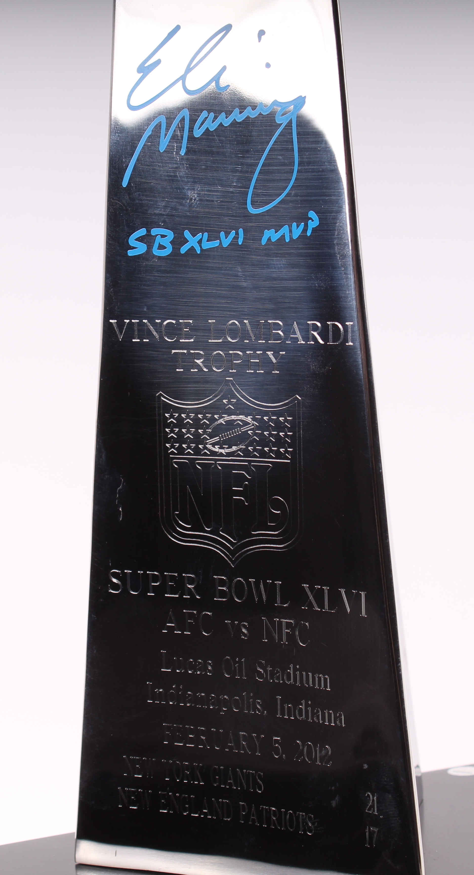 Eli Manning Signed High End Replica Full-Size Super Bowl XLVI Lombardi Trophy Inscribed "Super Bowl XLVI MVP" (Steiner COA) at PristineAuction.com Eli Manning Signed High End Replica Full-Size Super Bowl XLVI Lombardi Trophy Inscribed "Super Bowl XLVI MVP" (Steiner COA) at PristineAuction.com