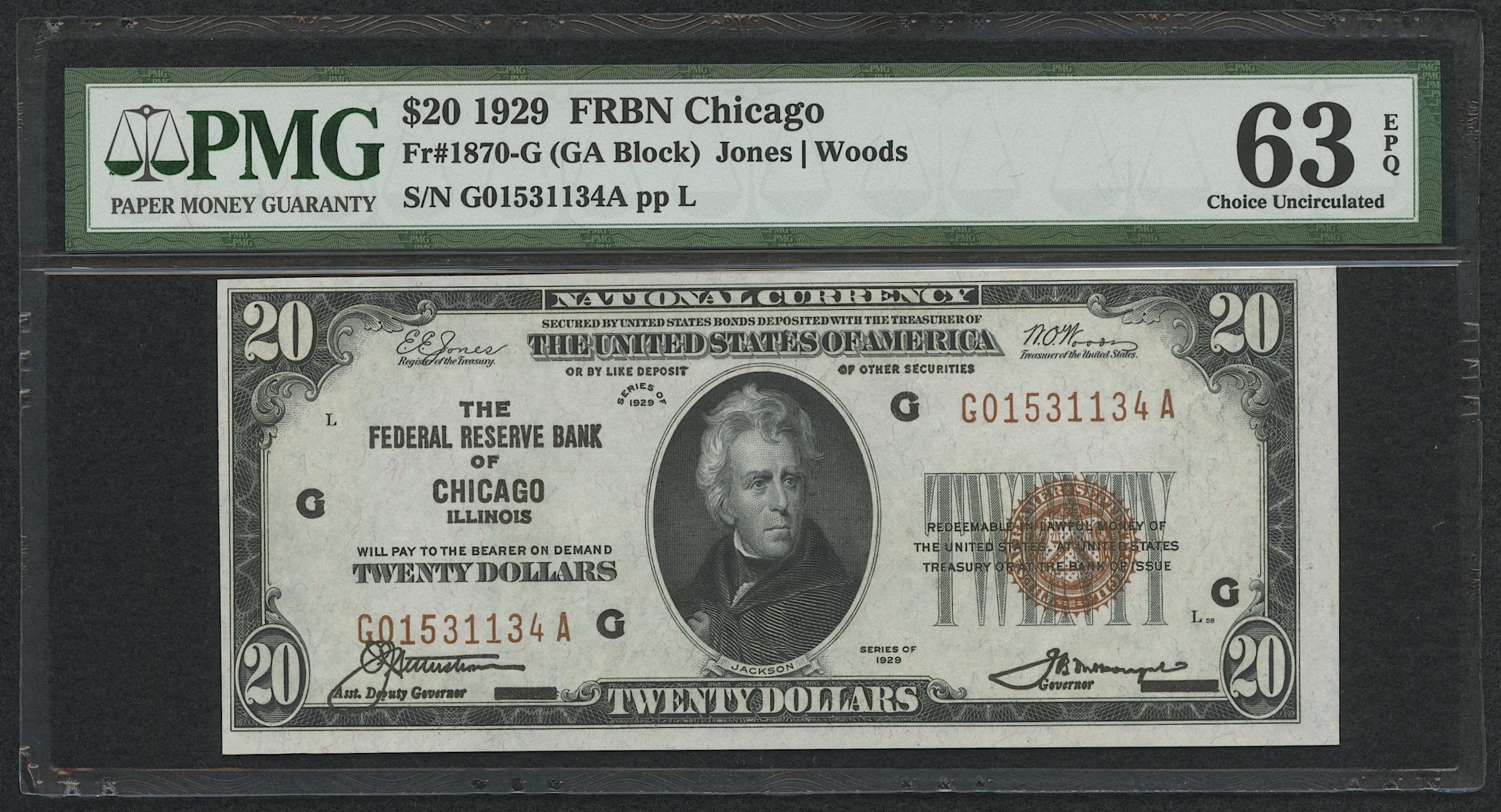 1929 $20 Twenty Dollars U.S. National Currency Bank Note - The Federal Reserve Bank of Chicago, Illinois (PMG 63) (EPQ) at PristineAuction.com 1929 $20 Twenty Dollars U.S. National Currency Bank Note - The Federal Reserve Bank of Chicago, Illinois (PMG 63) (EPQ) at PristineAuction.com