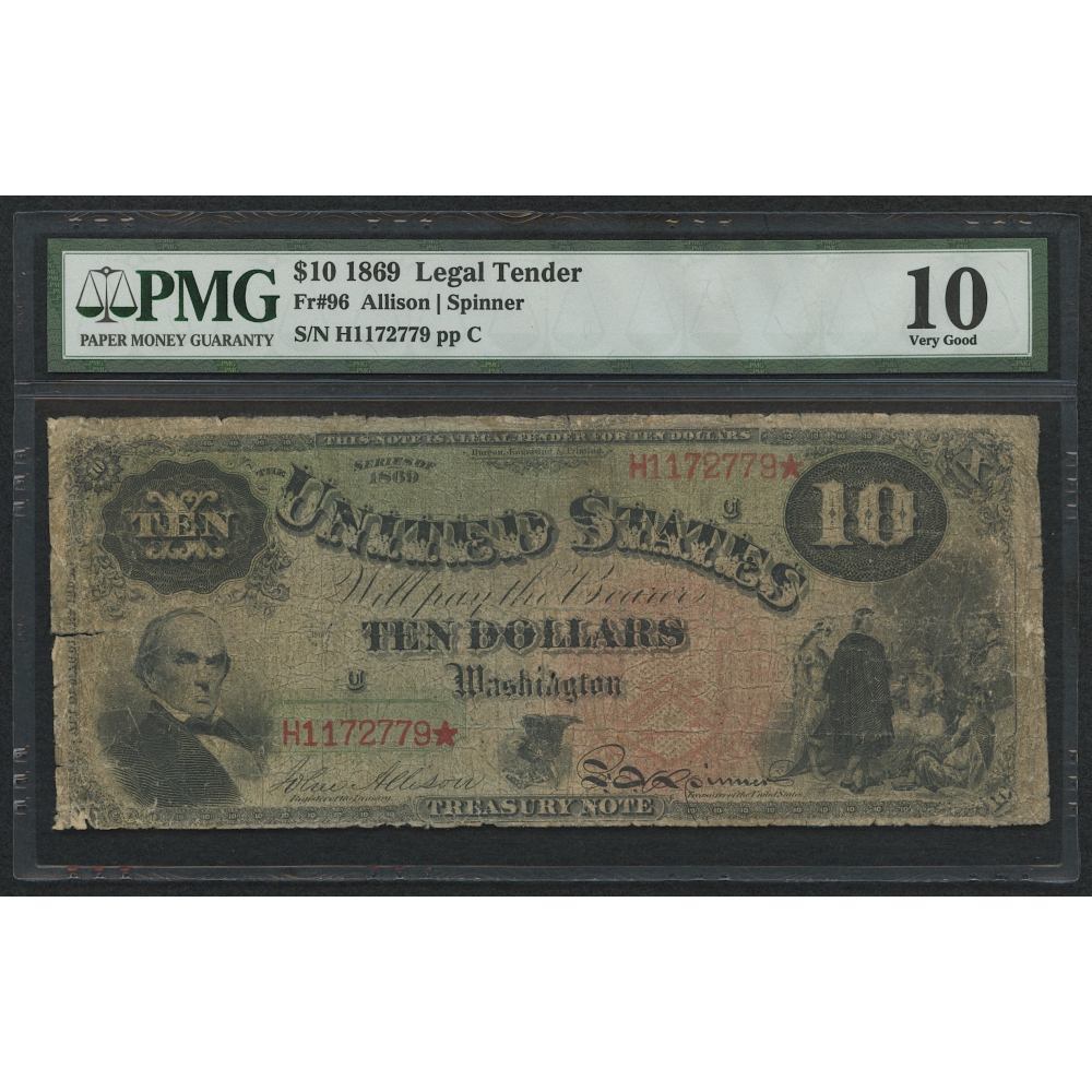 1869 10 Ten Dollars Legal Tender Large (PMG 10) Pristine Auction