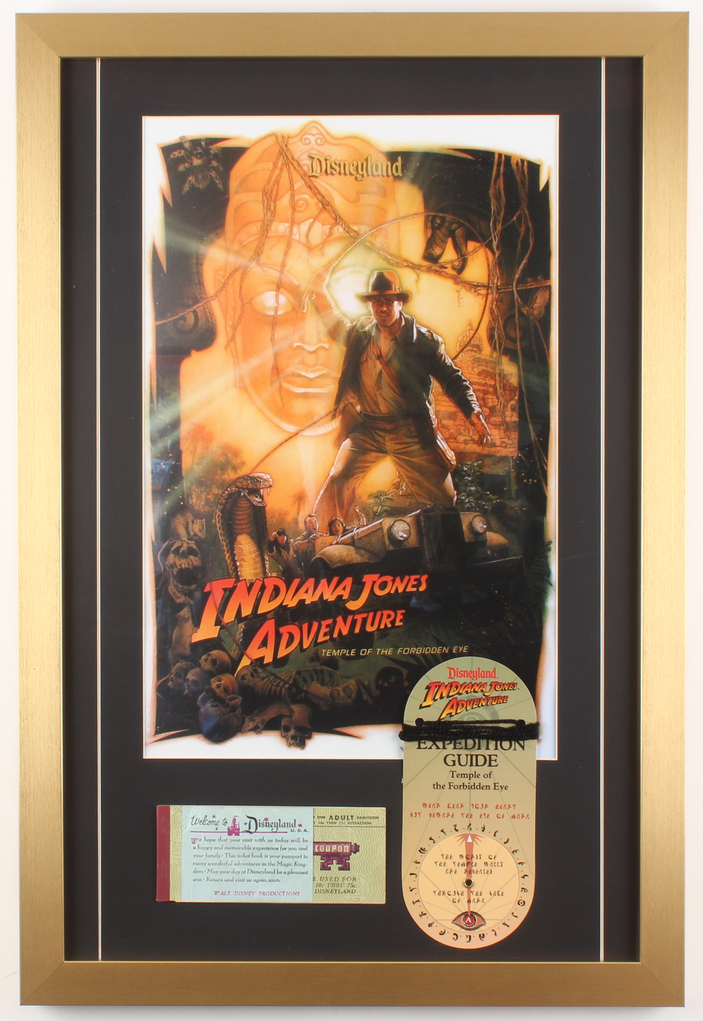 Disneyland "Indiana Jones Adventure: Temple of the Forbidden Eye" 17.5x26 Custom Framed Poster Print with Ticket Booklet & Lanyard at PristineAuction.com Disneyland "Indiana Jones Adventure: Temple of the Forbidden Eye" 17.5x26 Custom Framed Poster Print with Ticket Booklet & Lanyard at PristineAuction.com
