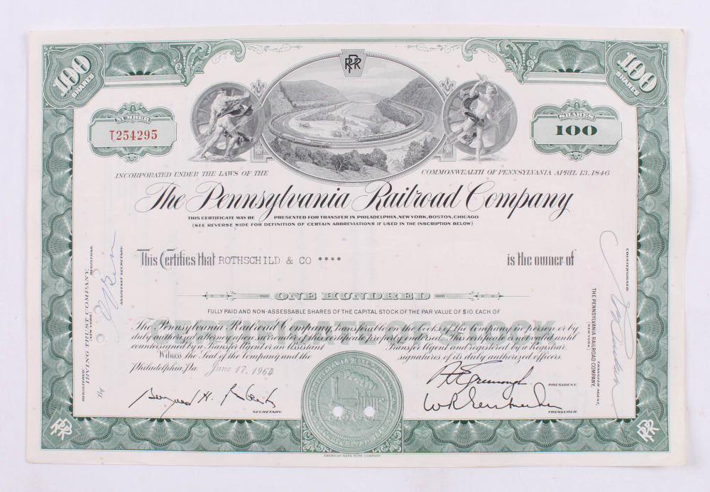 Vintage 1964 "The Pennsylvania Railroad Company" (100) Shares Stock