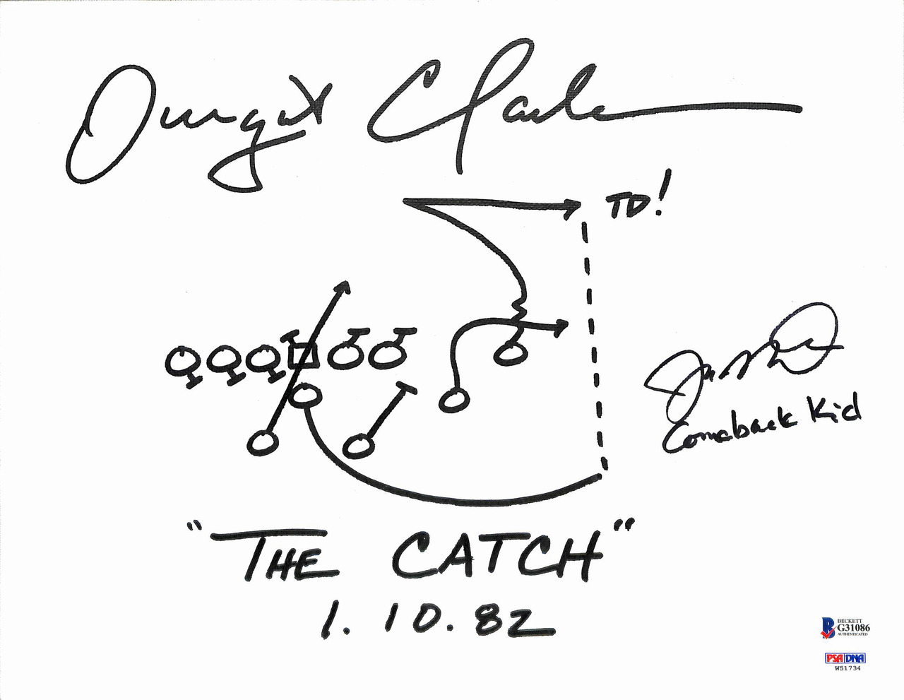 Joe Montana & Dwight Clark Signed "The Catch" 11x14 Canvas with Hand-Drawn Play Inscribed "1. 10. 82" & "Comeback Kid" (Beckett COA & PSA Hologram) at PristineAuction.com Joe Montana & Dwight Clark Signed "The Catch" 11x14 Canvas with Hand-Drawn Play Inscribed "1. 10. 82" & "Comeback Kid" (Beckett COA & PSA Hologram) at PristineAuction.com