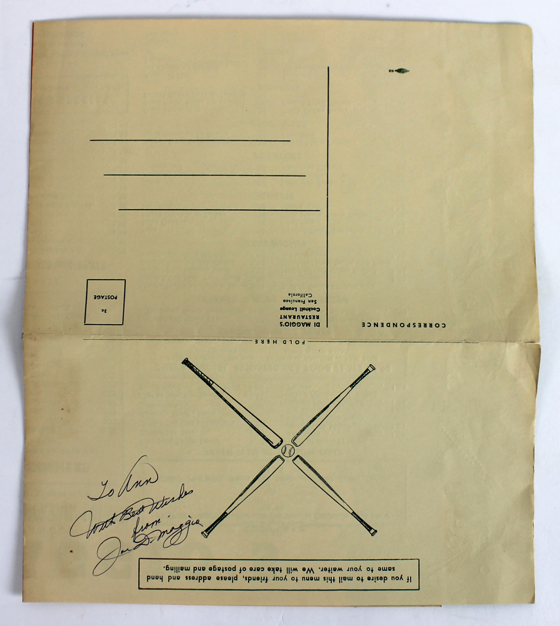 Joe DiMaggio Signed DiMaggio's Restaurant & Cocktail Lounge Menu Inscribed "With Best Wishes" (Beckett LOA) at PristineAuction.com Joe DiMaggio Signed DiMaggio's Restaurant & Cocktail Lounge Menu Inscribed "With Best Wishes" (Beckett LOA) at PristineAuction.com