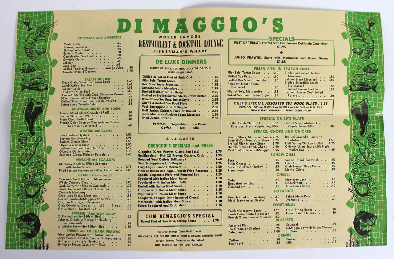 Joe DiMaggio Signed DiMaggio's Restaurant & Cocktail Lounge Menu Inscribed "With Best Wishes" (Beckett LOA) at PristineAuction.com Joe DiMaggio Signed DiMaggio's Restaurant & Cocktail Lounge Menu Inscribed "With Best Wishes" (Beckett LOA) at PristineAuction.com