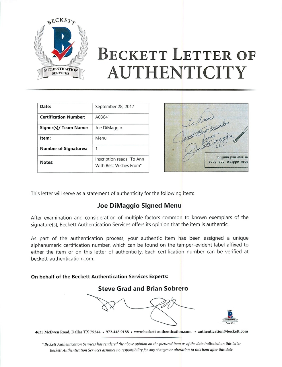 Joe DiMaggio Signed DiMaggio's Restaurant & Cocktail Lounge Menu Inscribed "With Best Wishes" (Beckett LOA) at PristineAuction.com Joe DiMaggio Signed DiMaggio's Restaurant & Cocktail Lounge Menu Inscribed "With Best Wishes" (Beckett LOA) at PristineAuction.com