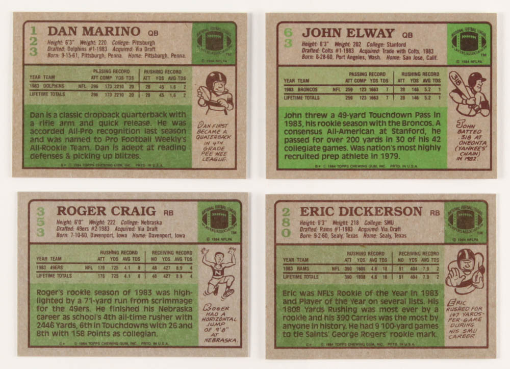 1984 Topps Complete Set of (396) Football Cards with #123 Dan Marino PB RC, #280 Erik Dickerson RC, #63 John Elway RC, #353 Roger Craig RC at PristineAuction.com 1984 Topps Complete Set of (396) Football Cards with #123 Dan Marino PB RC, #280 Erik Dickerson RC, #63 John Elway RC, #353 Roger Craig RC at PristineAuction.com