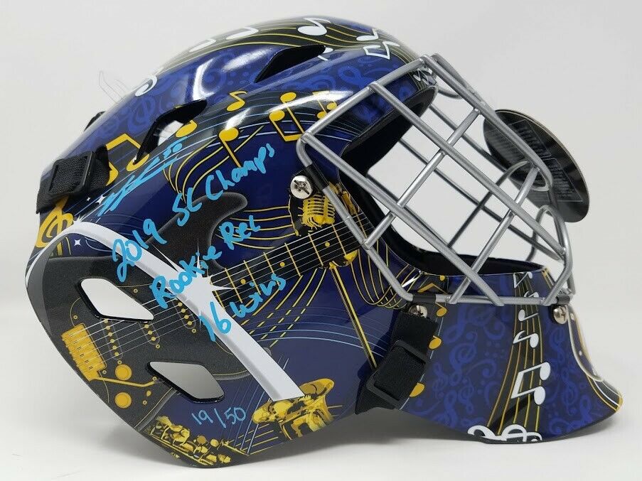 Jordan Binnington Signed St. Louis Blues Limited Edition Full Size Goalie Mask Inscribed "2019 SC Champs" & "16 Wins" (Fanatics Hologram) at PristineAuction.com Jordan Binnington Signed St. Louis Blues Limited Edition Full Size Goalie Mask Inscribed "2019 SC Champs" & "16 Wins" (Fanatics Hologram) at PristineAuction.com