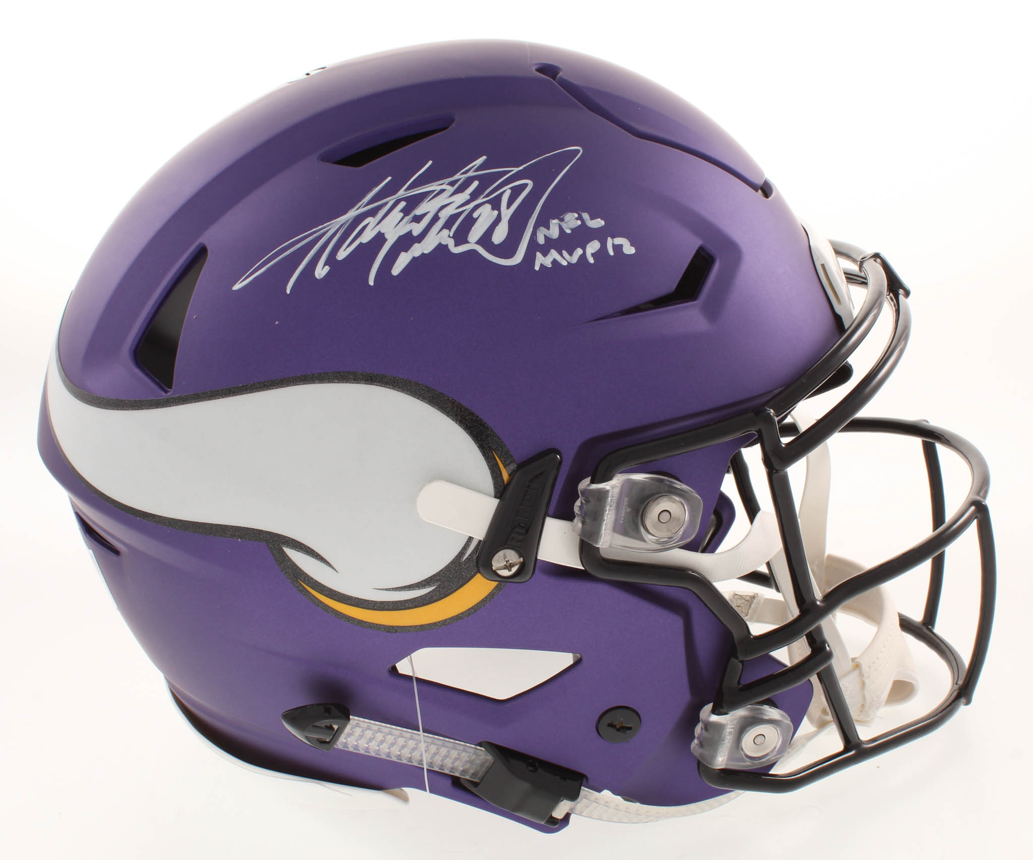 Adrian Peterson Signed Vikings Matte Purple Full-Size Authentic On-Field Flex Speed Helmet Inscribed "NFL MVP 12" (Beckett COA) at PristineAuction.com Adrian Peterson Signed Vikings Matte Purple Full-Size Authentic On-Field Flex Speed Helmet Inscribed "NFL MVP 12" (Beckett COA) at PristineAuction.com