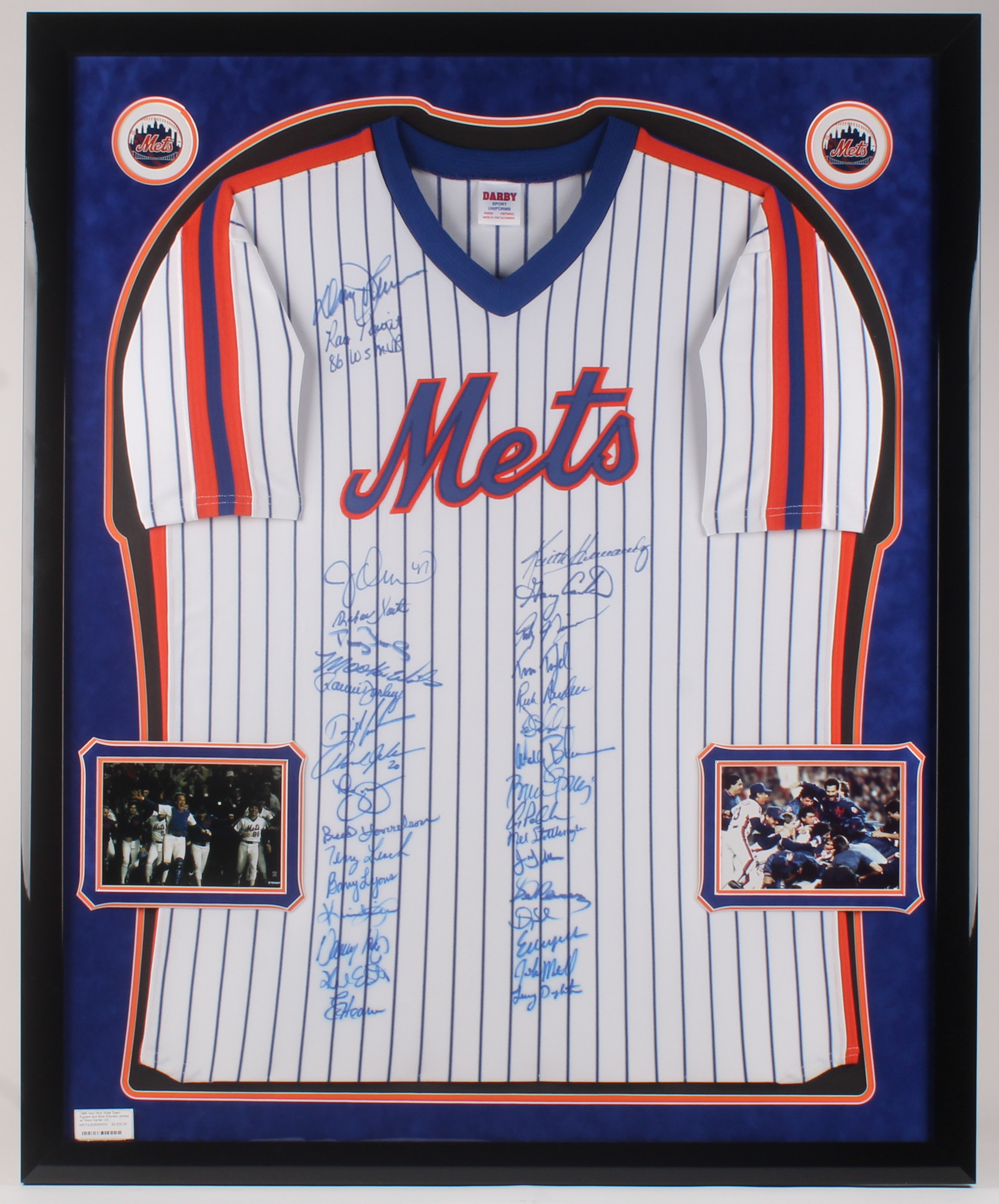 34x42.5 Custom Framed Jersey Display Team-Signed by (33) with Davey Johnson, Gary Carter, Ray Knight, Darryl Strawberry, Bill Robinson (PSA LOA) at PristineAuction.com 34x42.5 Custom Framed Jersey Display Team-Signed by (33) with Davey Johnson, Gary Carter, Ray Knight, Darryl Strawberry, Bill Robinson (PSA LOA) at PristineAuction.com