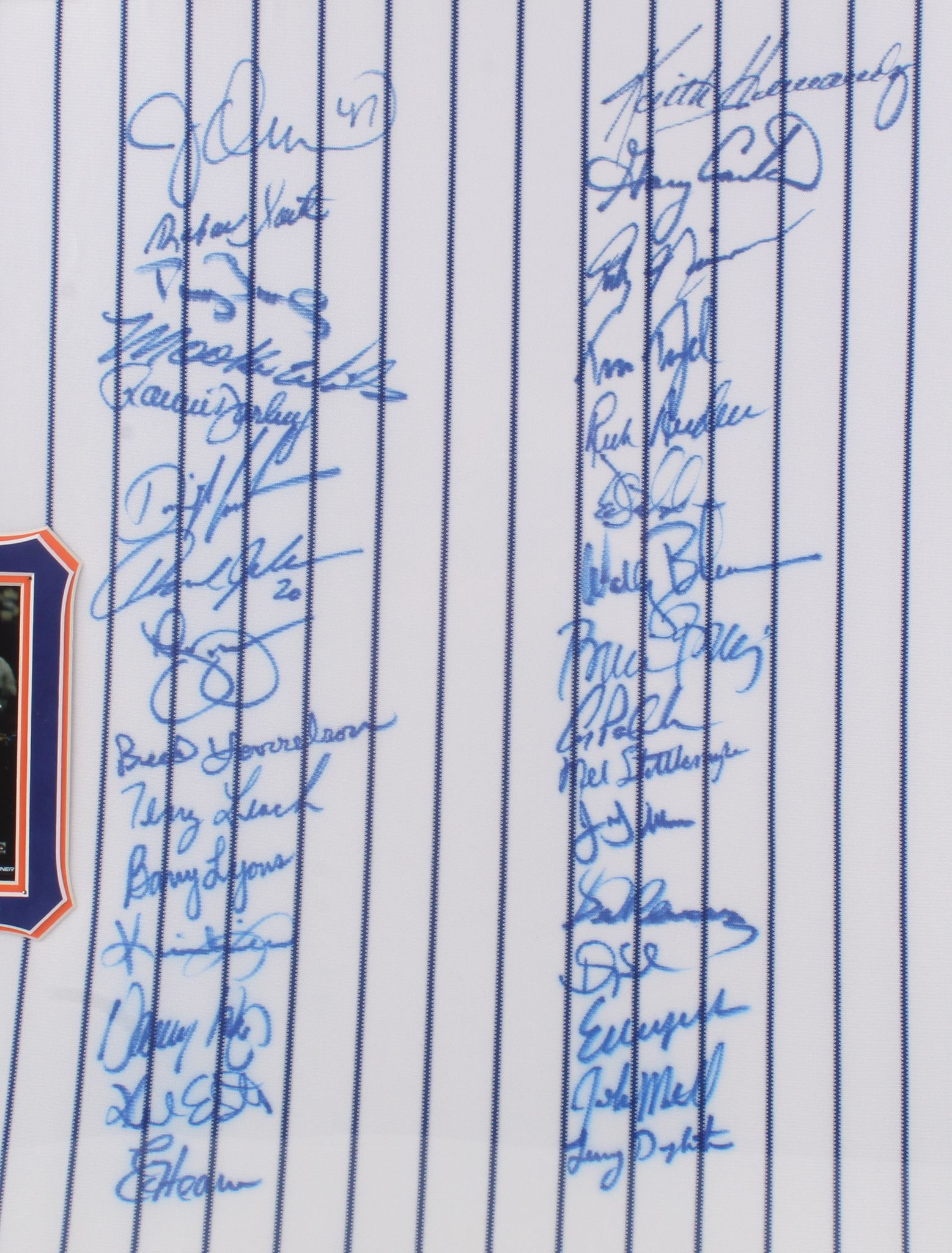 34x42.5 Custom Framed Jersey Display Team-Signed by (33) with Davey Johnson, Gary Carter, Ray Knight, Darryl Strawberry, Bill Robinson (PSA LOA) at PristineAuction.com 34x42.5 Custom Framed Jersey Display Team-Signed by (33) with Davey Johnson, Gary Carter, Ray Knight, Darryl Strawberry, Bill Robinson (PSA LOA) at PristineAuction.com