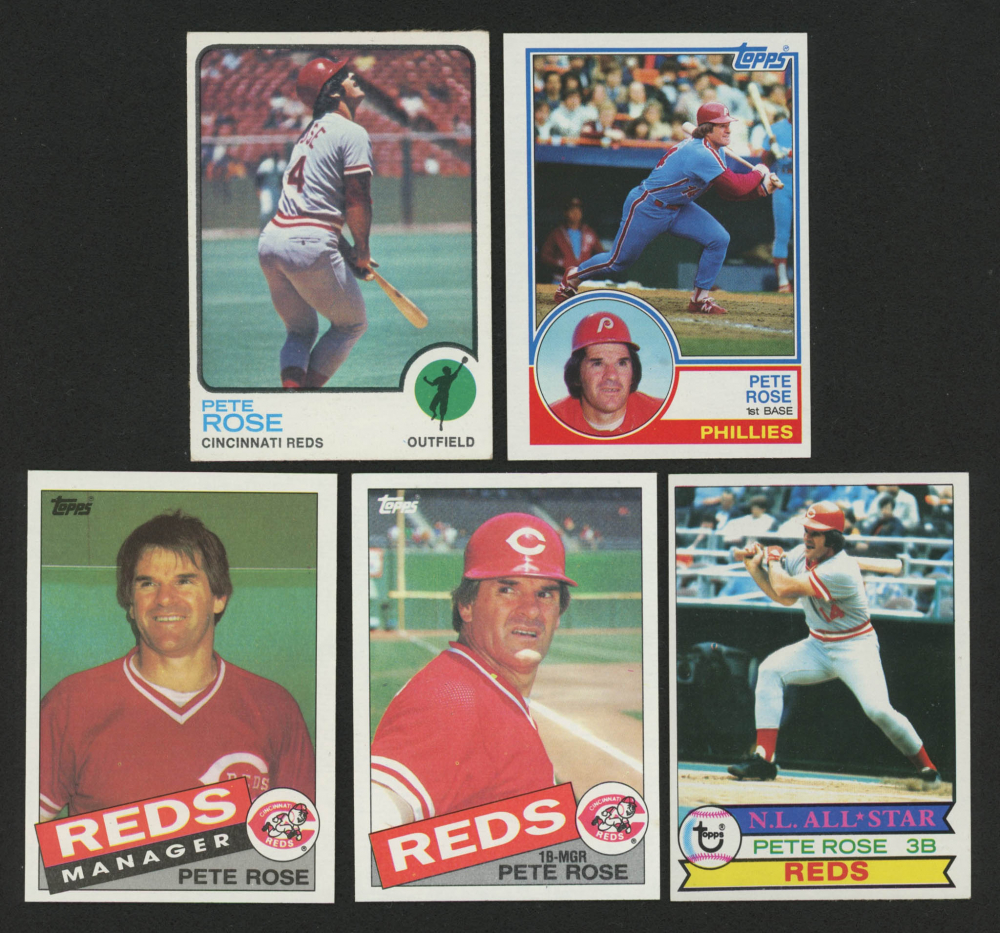 Lot of (5) Pete Rose Baseball Cards with 1973 Topps #130, 1983 Topps #100,  1979 Topps #650, 1985 Topps #600, & 1985 Topps #547 MG | Pristine Auction
