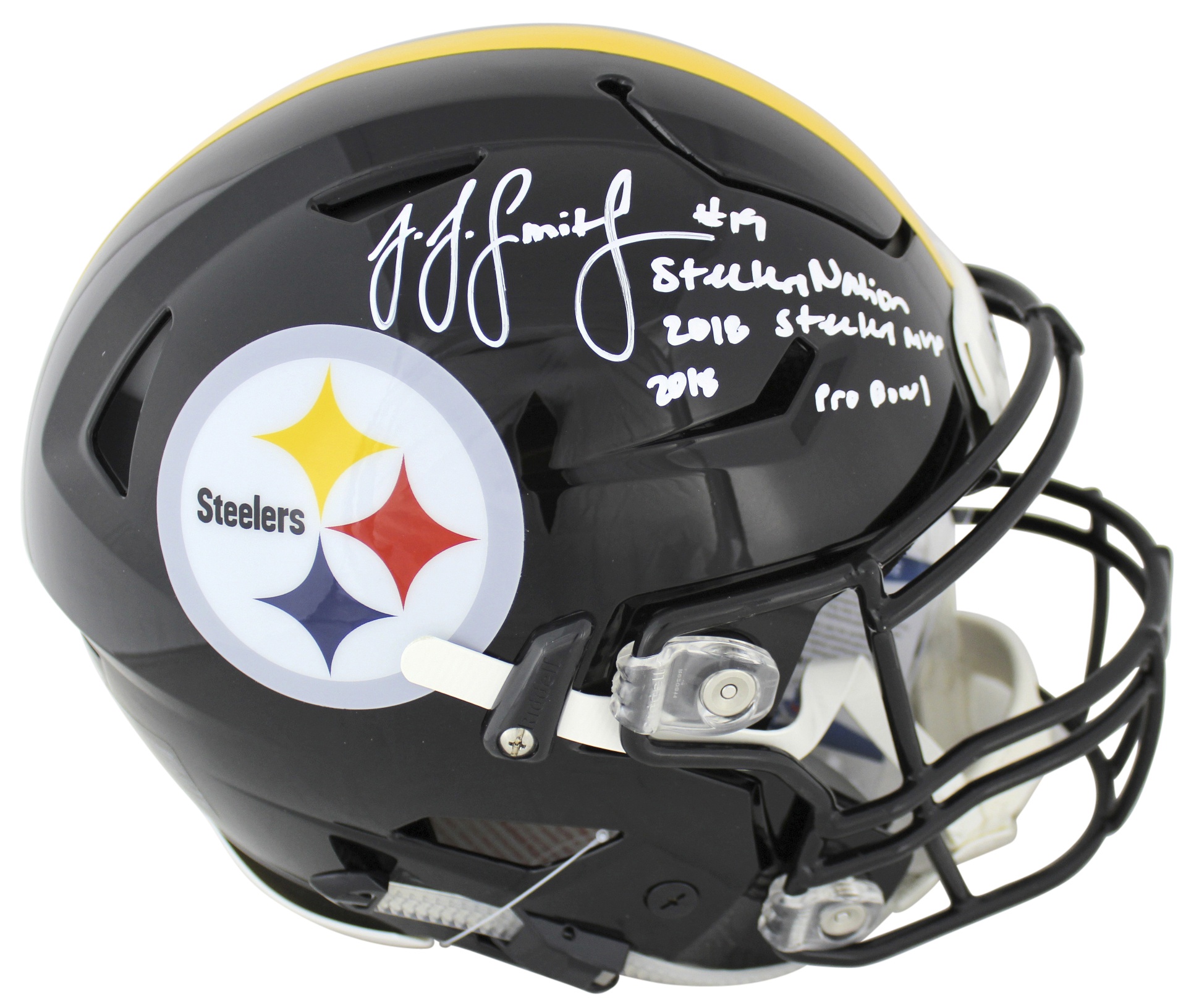 JuJu Smith-Schuster Signed Pittsburgh Steelers Full-Size Authentic On-Field SpeedFlex Helmet Inscribed "Steelers Nation", "2018 Steelers MVP" & "2018 Pro Bowl" (Beckett COA) at PristineAuction.com JuJu Smith-Schuster Signed Pittsburgh Steelers Full-Size Authentic On-Field SpeedFlex Helmet Inscribed "Steelers Nation", "2018 Steelers MVP" & "2018 Pro Bowl" (Beckett COA) at PristineAuction.com