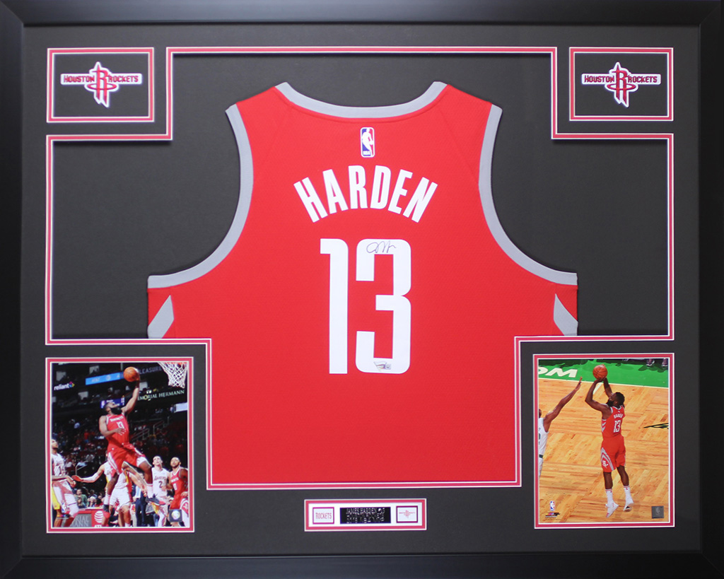 James Harden Signed 35x43 Custom Framed Jersey Display (Fanatics Hologram) at PristineAuction.com James Harden Signed 35x43 Custom Framed Jersey Display (Fanatics Hologram) at PristineAuction.com