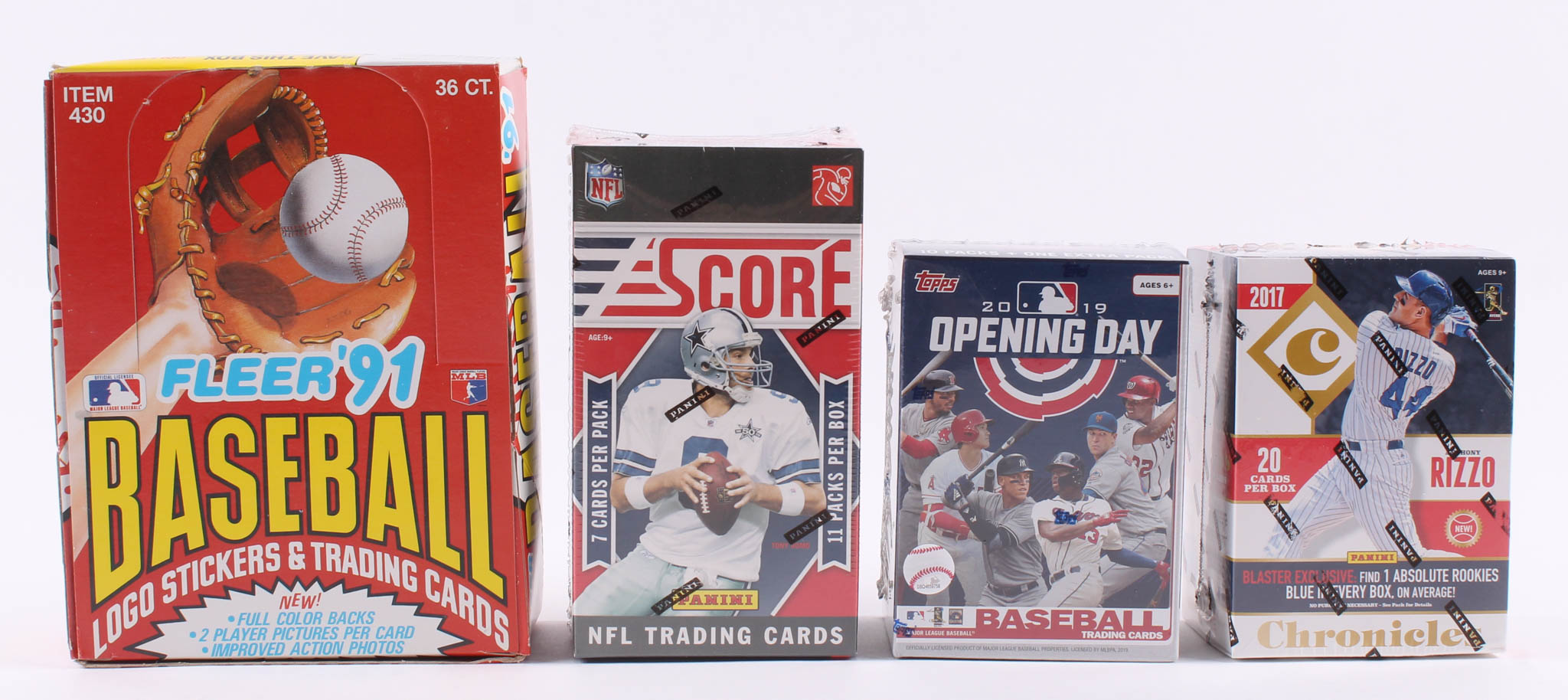 Lot of (4) Card Sets with 1991 Fleer Baseball Hobby Box, 2017 Panini Chronicles Baseball Blaster Box, 2019 Topps Opening Day Baseball Box & 2011 Panini Score Football Box at PristineAuction.com Lot of (4) Card Sets with 1991 Fleer Baseball Hobby Box, 2017 Panini Chronicles Baseball Blaster Box, 2019 Topps Opening Day Baseball Box & 2011 Panini Score Football Box at PristineAuction.com