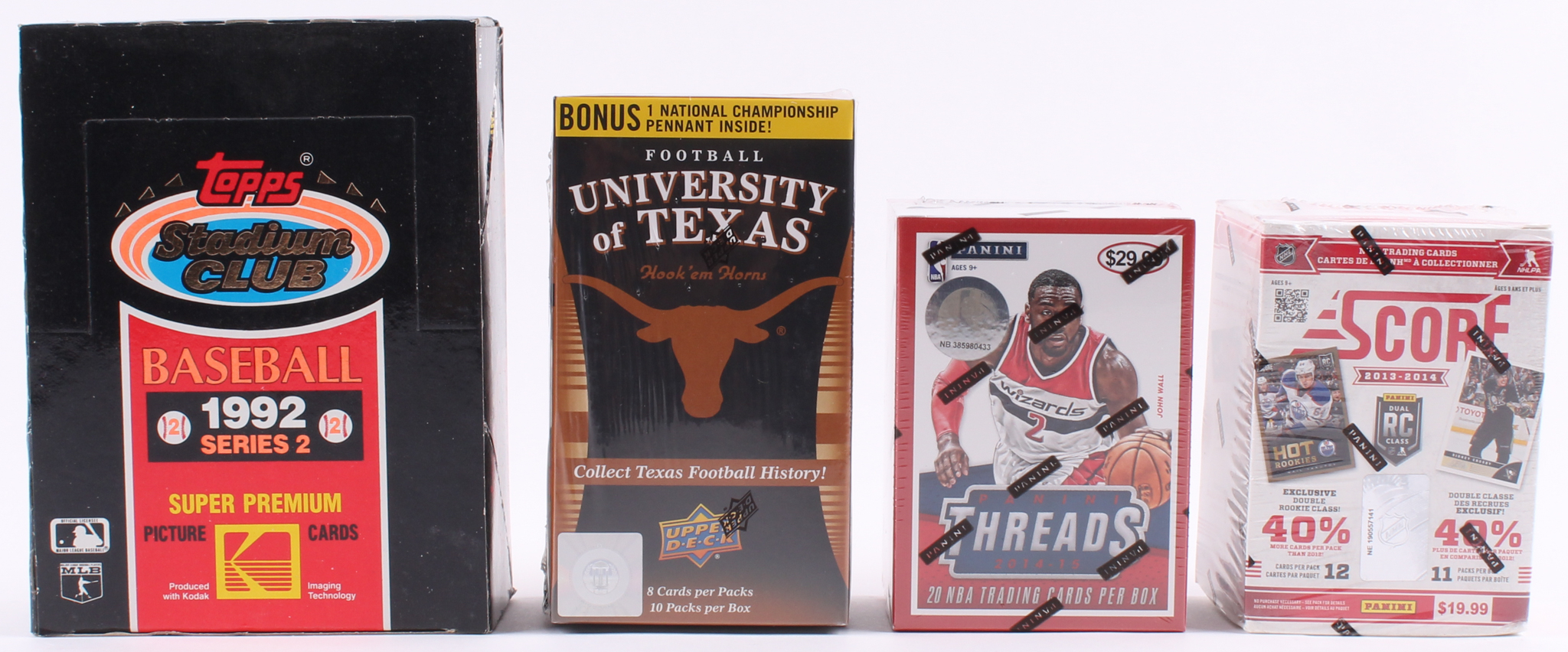 Lot of (4) Card Sets with 1992 Topps Stadium Club Series 2 Baseball Card Box, 2013-14 Panini Score Hockey Card Box, 2011 Upper Deck University Texas Longhorns Card Box & 2014-15 Panini Threads Basketball at PristineAuction.com Lot of (4) Card Sets with 1992 Topps Stadium Club Series 2 Baseball Card Box, 2013-14 Panini Score Hockey Card Box, 2011 Upper Deck University Texas Longhorns Card Box & 2014-15 Panini Threads Basketball at PristineAuction.com