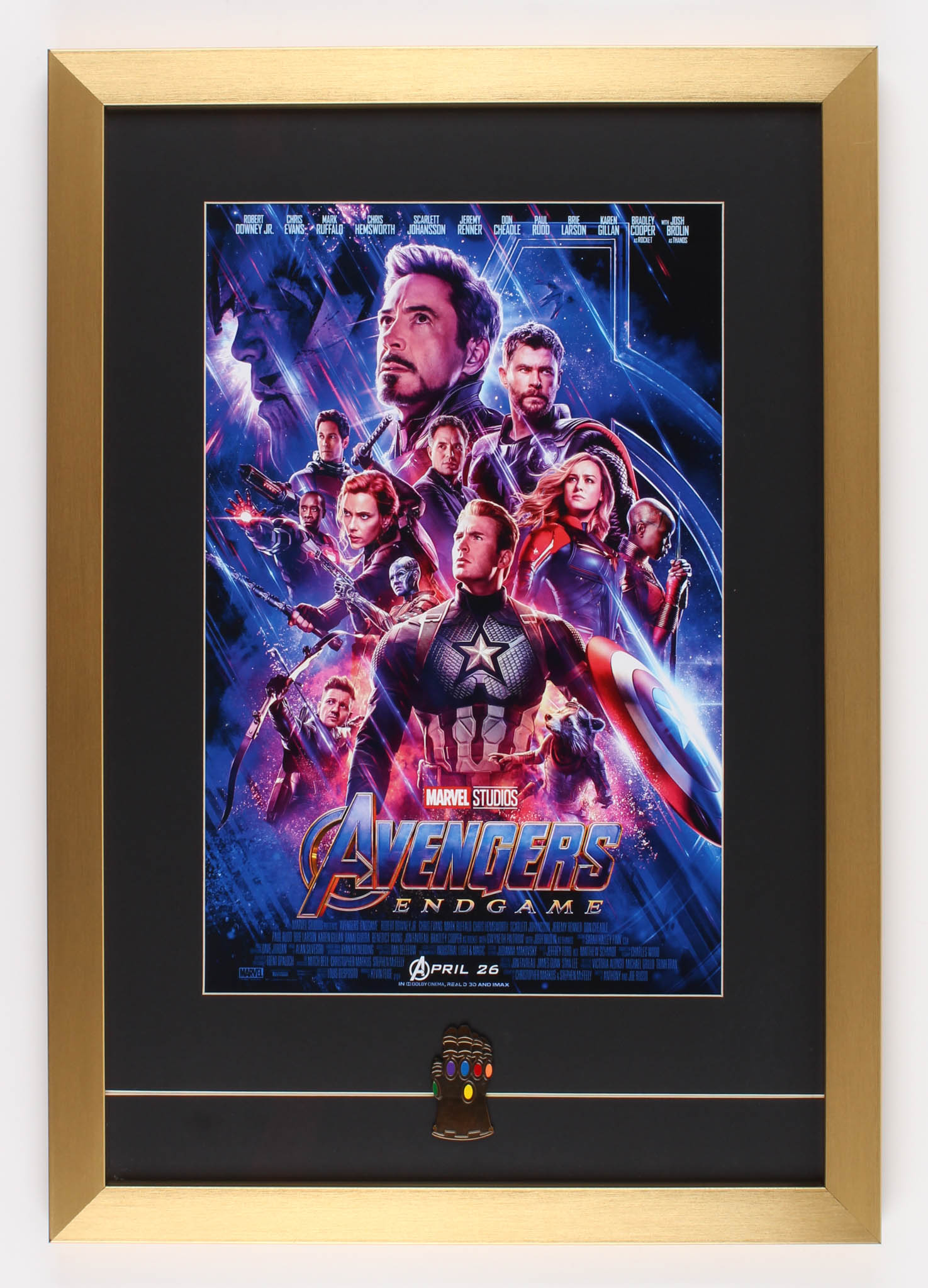 "Avengers: Endgame" 17x24.5 Custom Framed Movie Poster Display with Brass Thanos Glove Pin at PristineAuction.com "Avengers: Endgame" 17x24.5 Custom Framed Movie Poster Display with Brass Thanos Glove Pin at PristineAuction.com
