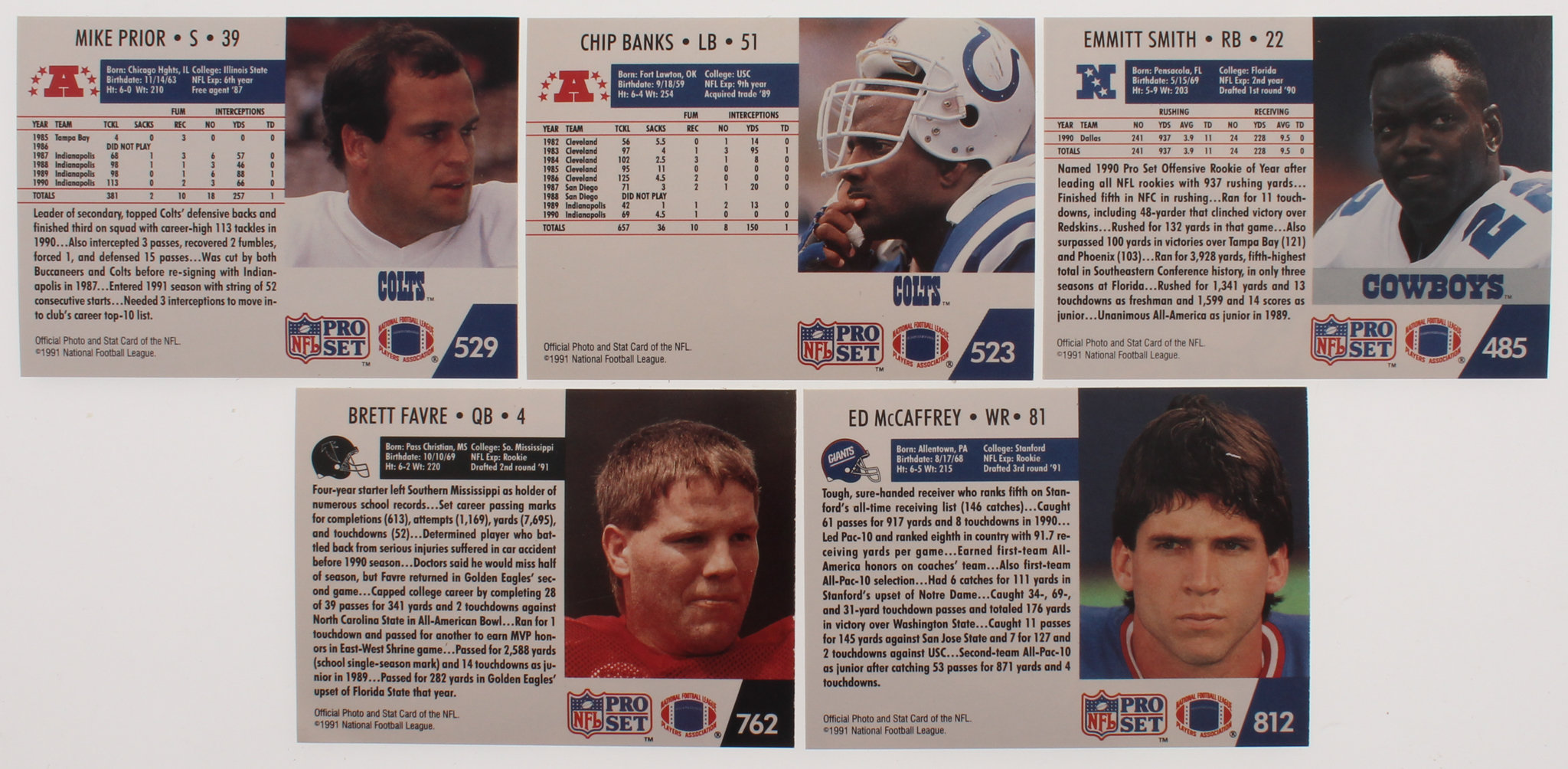 Lot of (400+) 1991 Pro Set Football Cards with #762 Brett Favre RC, #523A Chip Banks, #485 Emmitt Smith, #529B Mike Prior, #812 Ed McCaffrey RC at PristineAuction.com Lot of (400+) 1991 Pro Set Football Cards with #762 Brett Favre RC, #523A Chip Banks, #485 Emmitt Smith, #529B Mike Prior, #812 Ed McCaffrey RC at PristineAuction.com