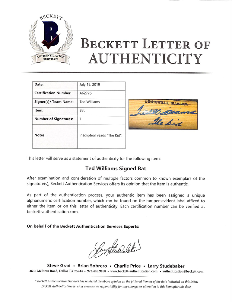 Ted Williams Signed Louisville Slugger Powerized Baseball Bat Inscribed "The Kid" (Beckett LOA) at PristineAuction.com Ted Williams Signed Louisville Slugger Powerized Baseball Bat Inscribed "The Kid" (Beckett LOA) at PristineAuction.com