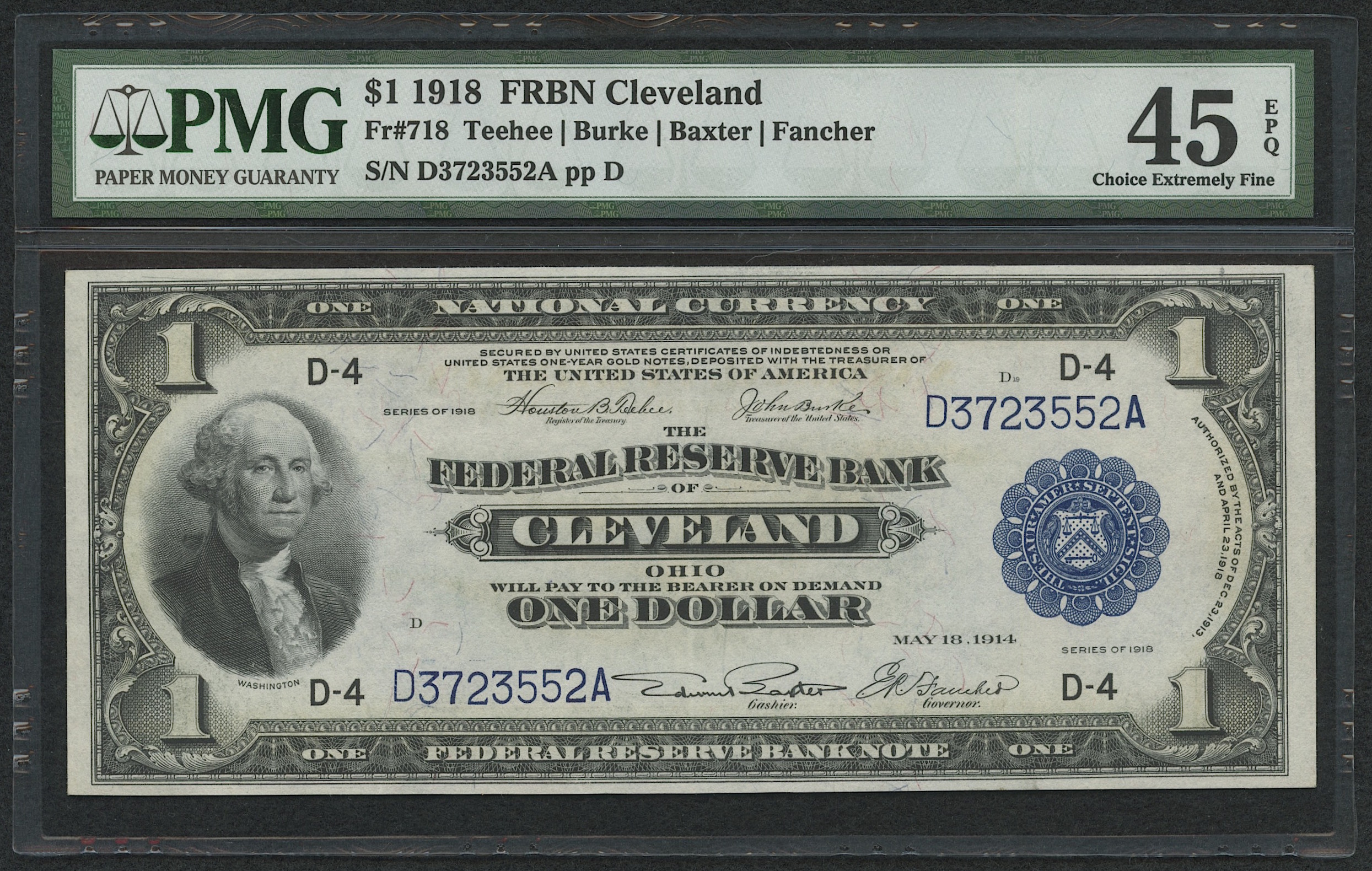 1918 $1 One Dollar U.S. National Currency Large Bank Note - FRBN - The Federal Reserve Bank of Cleveland, Ohio (PMG 45) (EPQ) at PristineAuction.com 1918 $1 One Dollar U.S. National Currency Large Bank Note - FRBN - The Federal Reserve Bank of Cleveland, Ohio (PMG 45) (EPQ) at PristineAuction.com