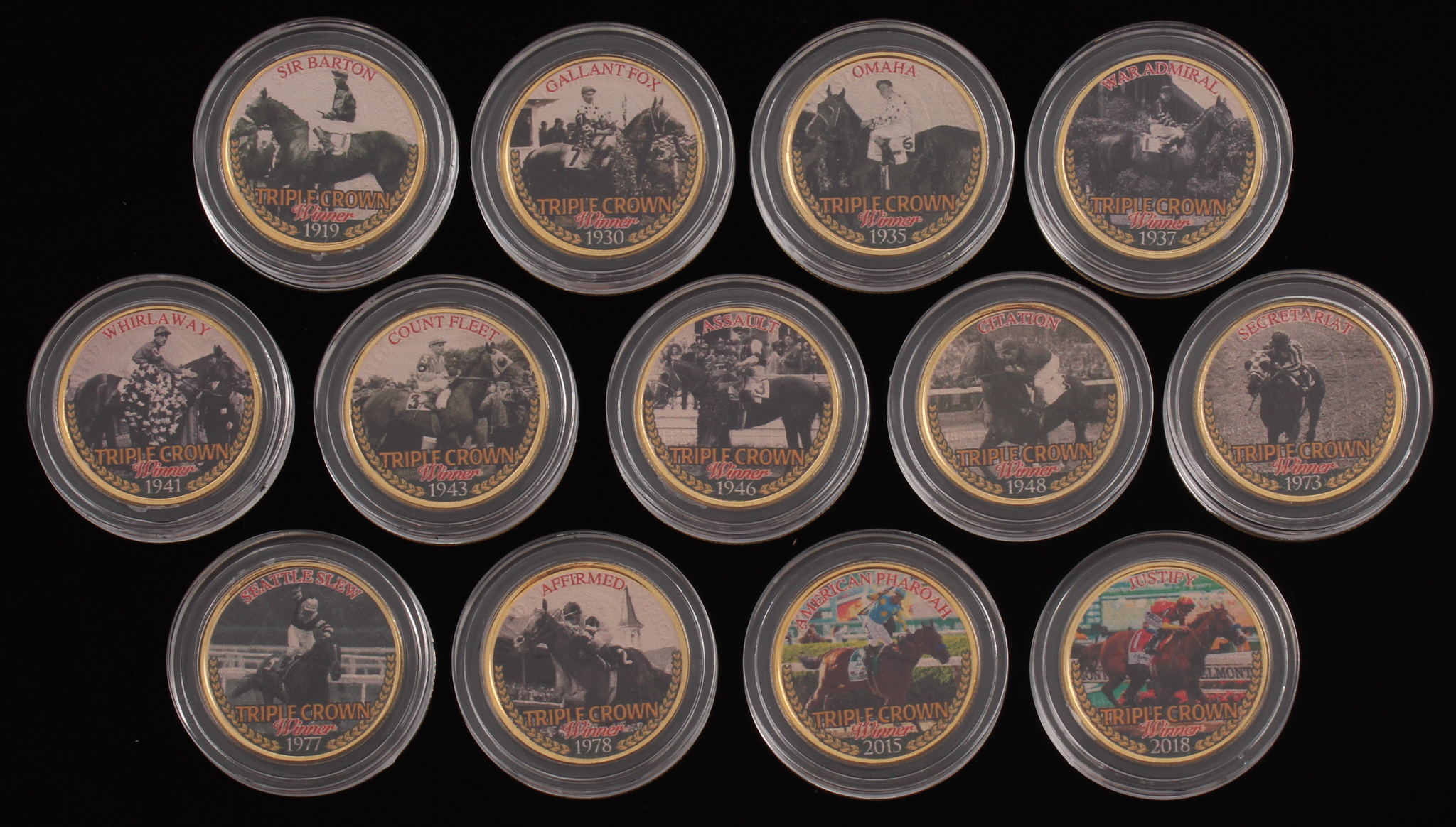 Lot of (13) Triple Crown Winners Colorized Gold Plated Statehood Quarters at PristineAuction.com Lot of (13) Triple Crown Winners Colorized Gold Plated Statehood Quarters at PristineAuction.com