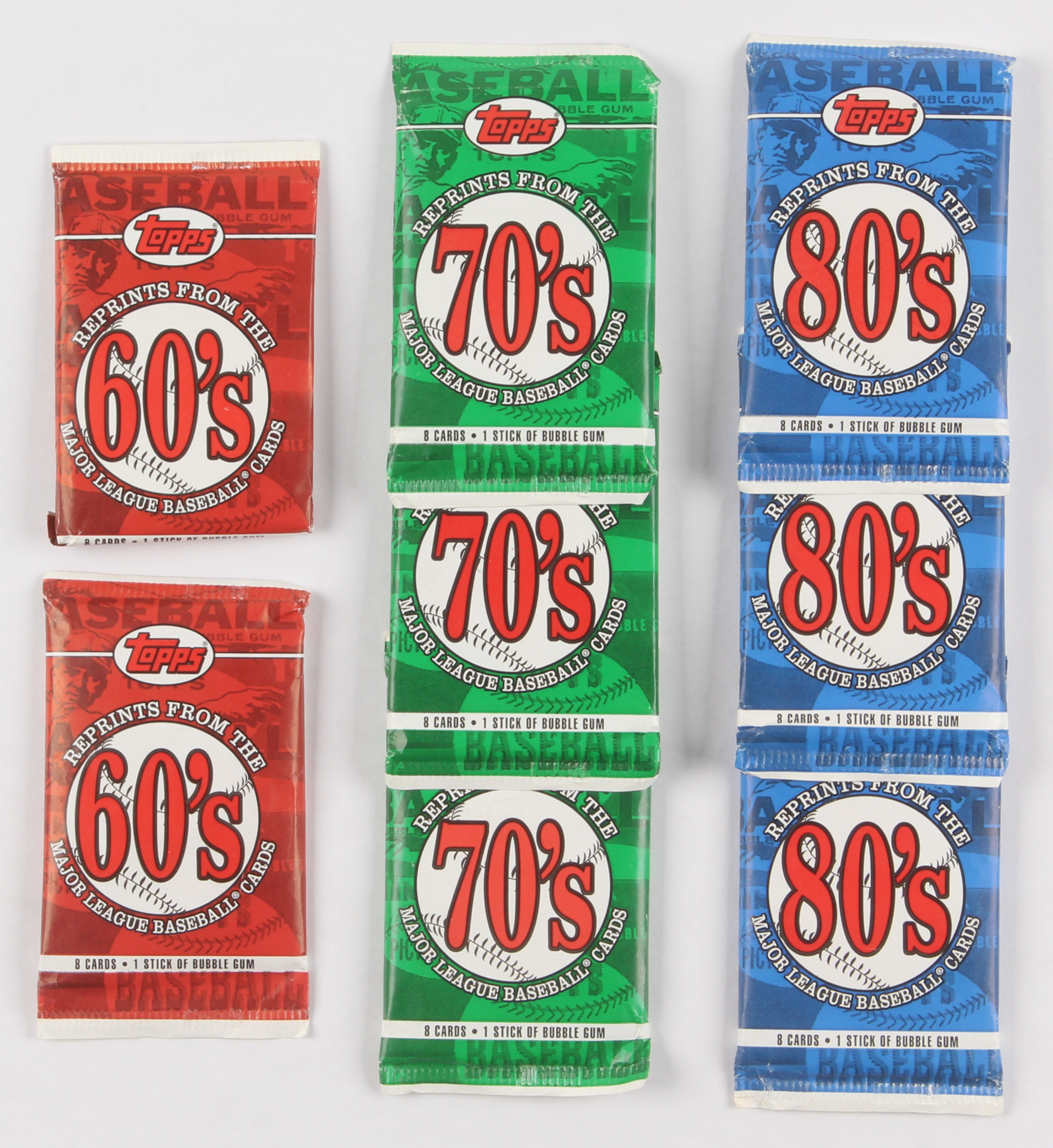 Lot of (8) 2003 Topps Reprints Bubble Gum Baseball Card Packs with (2) 60s Reprints, (3) 70s Reprints & (3) 80s Reprints at PristineAuction.com Lot of (8) 2003 Topps Reprints Bubble Gum Baseball Card Packs with (2) 60s Reprints, (3) 70s Reprints & (3) 80s Reprints at PristineAuction.com