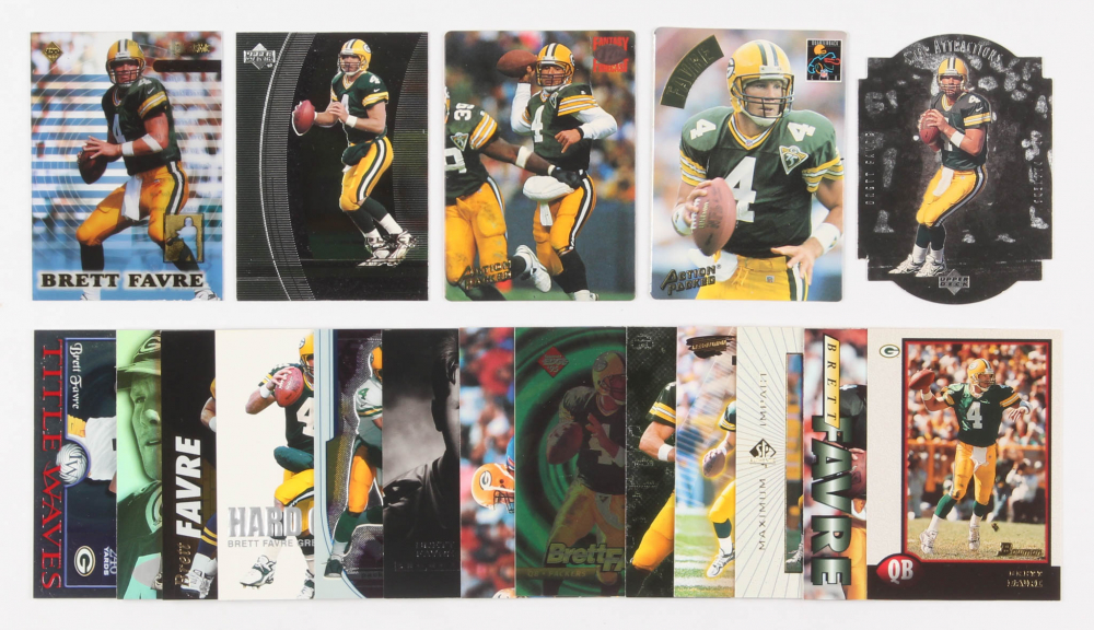 Lot of (18) Brett Favre Football Cards with 1999 Collector's Edge Supreme Markers #M10, 1999 Black Diamond #41, 1994 Action Packed Fantasy Forecast #FF7, 1994 Action Packed #183, 1997 Upper Deck Star Attractions #SA12