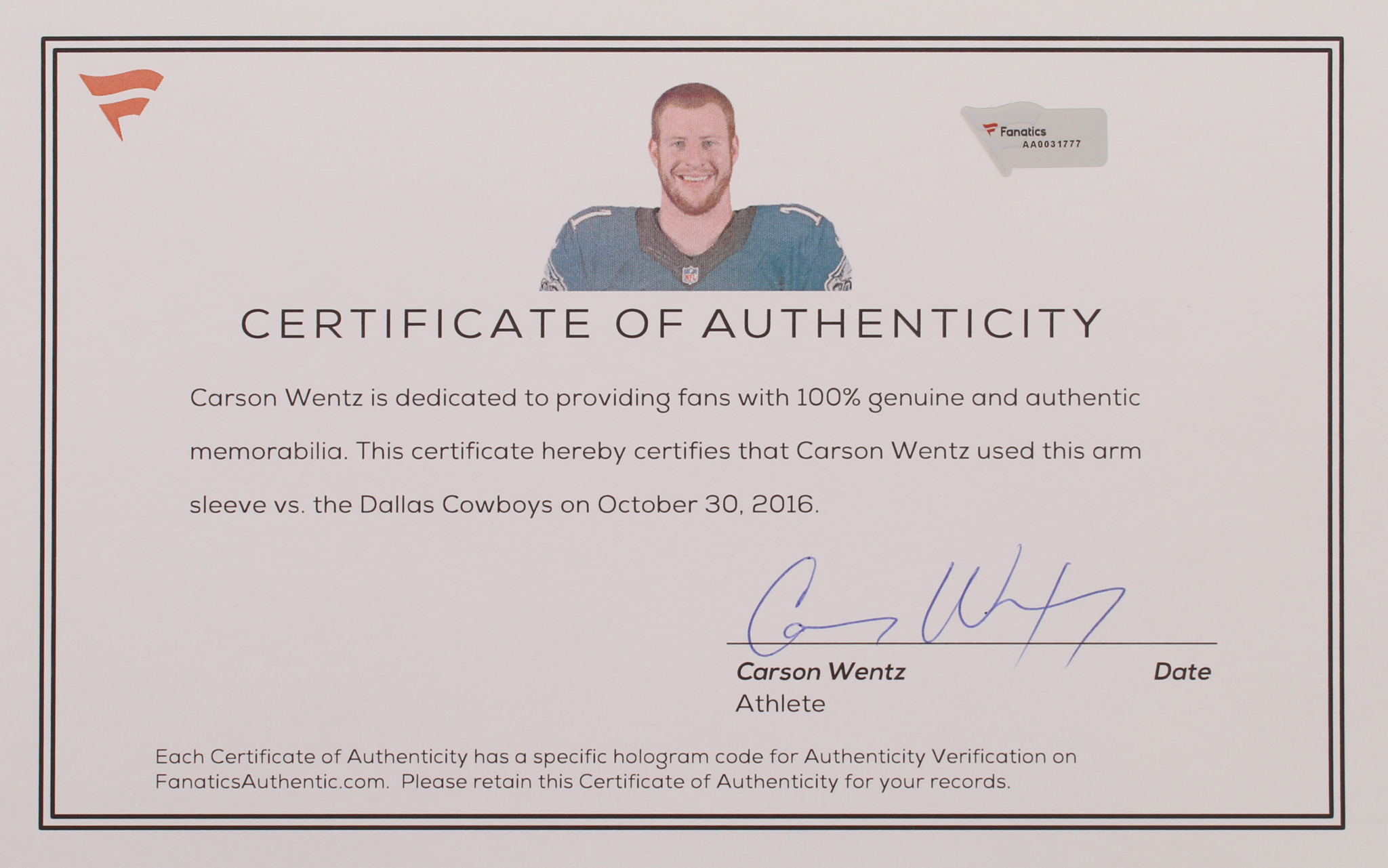 Carson Wentz Signed Game-Used Nike Arm Sleeve Inscribed "AO1" (Fanatics COA) at PristineAuction.com Carson Wentz Signed Game-Used Nike Arm Sleeve Inscribed "AO1" (Fanatics COA) at PristineAuction.com