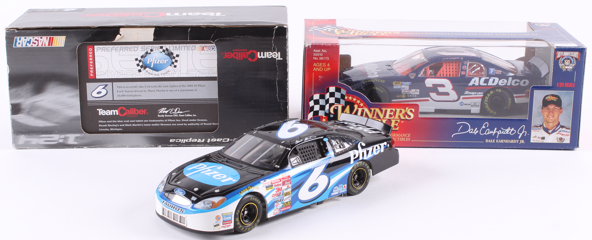 Lot of (2) 1:24 Scale Die-Cast Cars with LE Mark Martin #6 Pfizer 2002 Ford Taurus & Unopened Dale Earnhardt Jr. #3 AC Delco 1998 Chevrolet Monte Carlo at PristineAuction.com Lot of (2) 1:24 Scale Die-Cast Cars with LE Mark Martin #6 Pfizer 2002 Ford Taurus & Unopened Dale Earnhardt Jr. #3 AC Delco 1998 Chevrolet Monte Carlo at PristineAuction.com