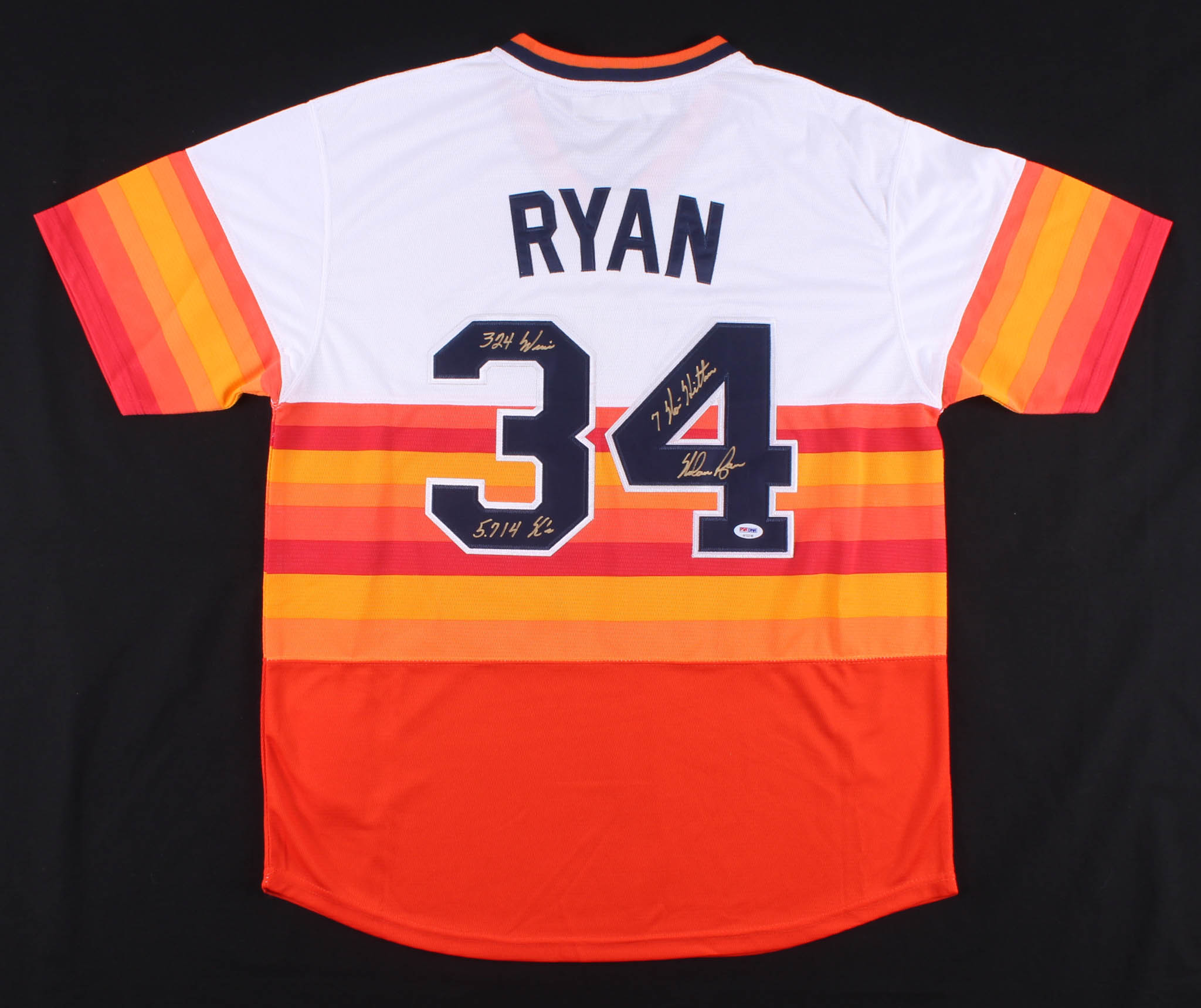 Nolan Ryan Signed Houston Astros Throwback Jersey Inscribed "5,714 Ks", "324 Wins", and "7 No-Hitters" (PSA COA) at PristineAuction.com Nolan Ryan Signed Houston Astros Throwback Jersey Inscribed "5,714 Ks", "324 Wins", and "7 No-Hitters" (PSA COA) at PristineAuction.com