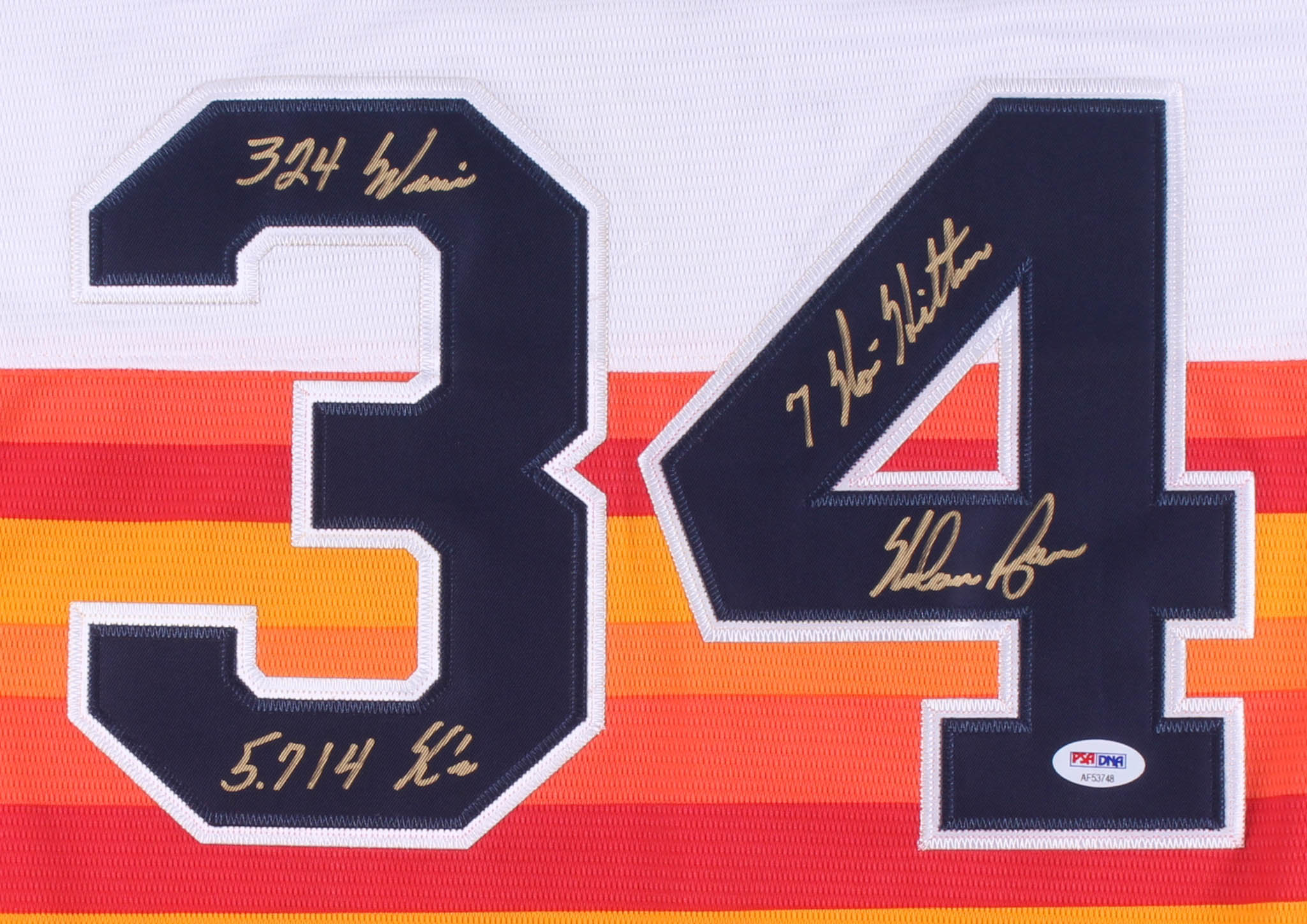 Nolan Ryan Signed Houston Astros Throwback Jersey Inscribed "5,714 Ks", "324 Wins", and "7 No-Hitters" (PSA COA) at PristineAuction.com Nolan Ryan Signed Houston Astros Throwback Jersey Inscribed "5,714 Ks", "324 Wins", and "7 No-Hitters" (PSA COA) at PristineAuction.com