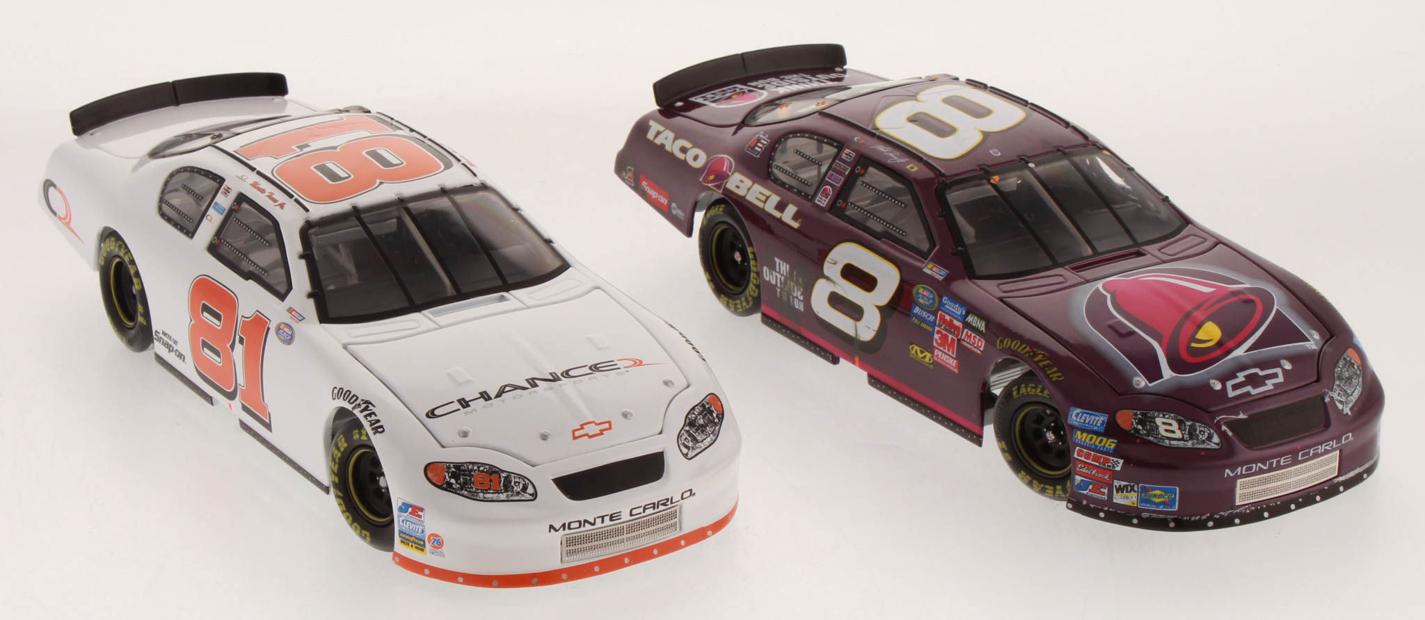 Lot of (2) Martin Truex Jr LE 1:24 Scale Die Cast Cars with (1) #8 Taco Bell / Raced Win Version 2004 Monte Carlo & (1) #81 Chance 2 2003 Monte Carlo at PristineAuction.com Lot of (2) Martin Truex Jr LE 1:24 Scale Die Cast Cars with (1) #8 Taco Bell / Raced Win Version 2004 Monte Carlo & (1) #81 Chance 2 2003 Monte Carlo at PristineAuction.com