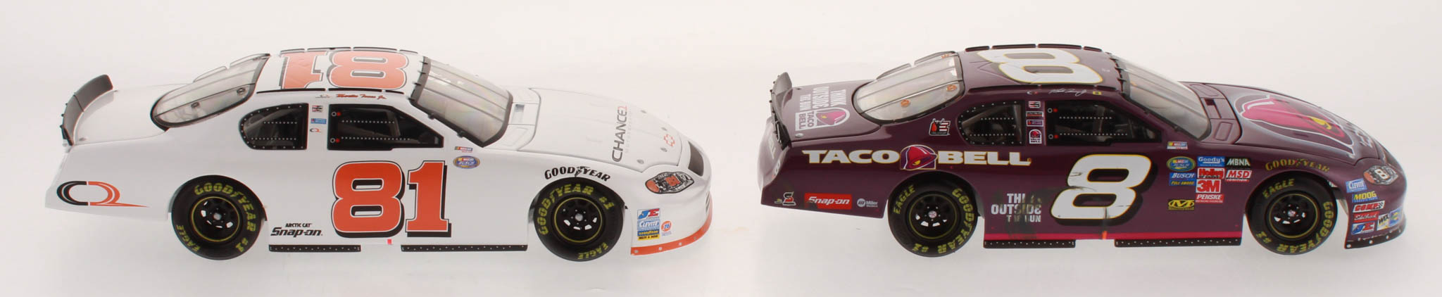 Lot of (2) Martin Truex Jr LE 1:24 Scale Die Cast Cars with (1) #8 Taco Bell / Raced Win Version 2004 Monte Carlo & (1) #81 Chance 2 2003 Monte Carlo at PristineAuction.com Lot of (2) Martin Truex Jr LE 1:24 Scale Die Cast Cars with (1) #8 Taco Bell / Raced Win Version 2004 Monte Carlo & (1) #81 Chance 2 2003 Monte Carlo at PristineAuction.com
