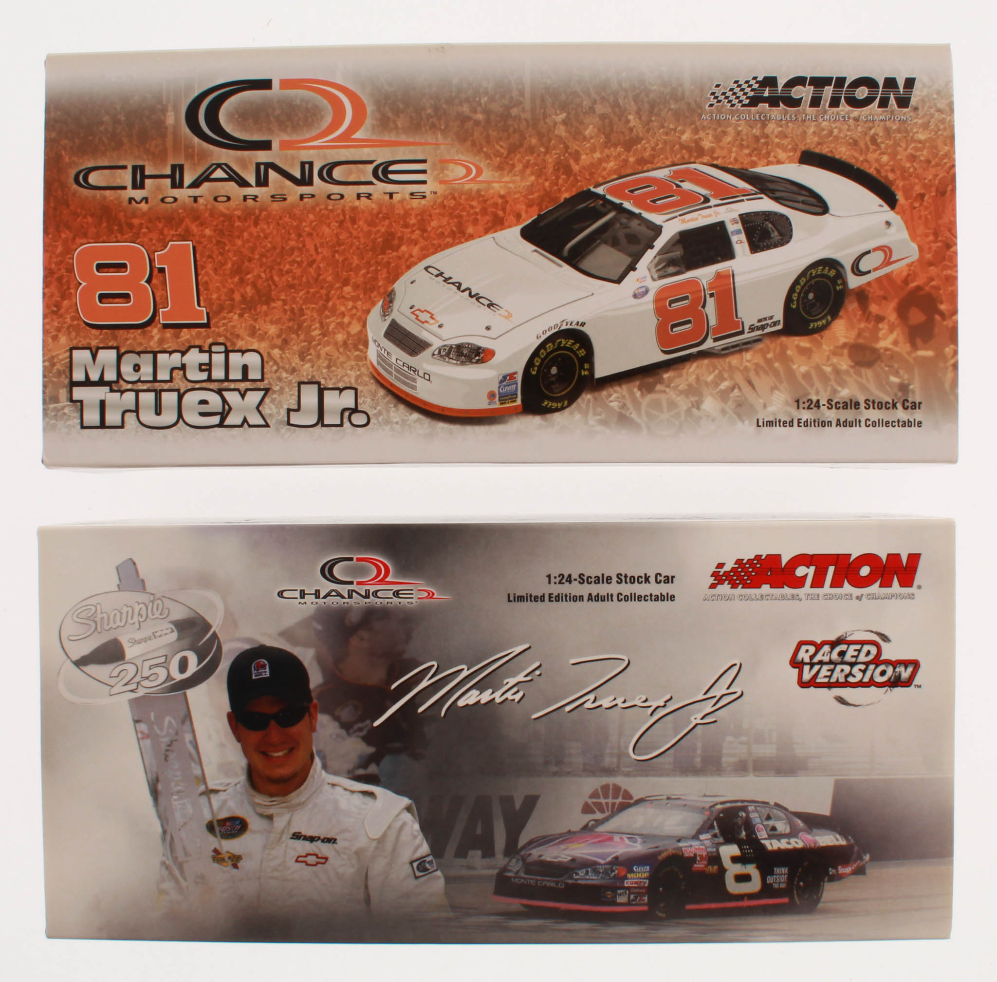 Lot of (2) Martin Truex Jr LE 1:24 Scale Die Cast Cars with (1) #8 Taco Bell / Raced Win Version 2004 Monte Carlo & (1) #81 Chance 2 2003 Monte Carlo at PristineAuction.com Lot of (2) Martin Truex Jr LE 1:24 Scale Die Cast Cars with (1) #8 Taco Bell / Raced Win Version 2004 Monte Carlo & (1) #81 Chance 2 2003 Monte Carlo at PristineAuction.com