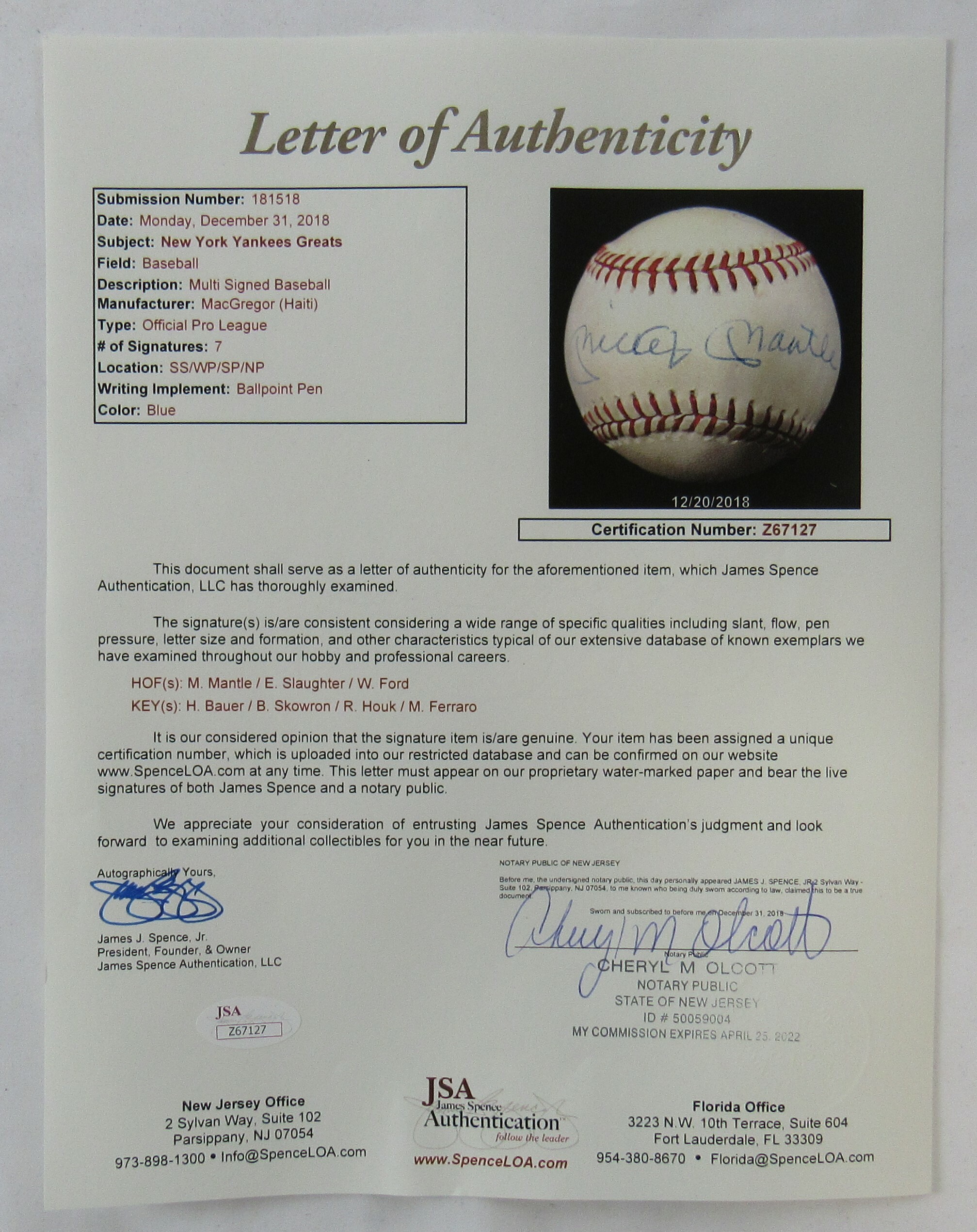OPL Baseball Signed By (7) with Mickey Mantle, Enos Slaughter, Whitey Ford (JSA LOA) at PristineAuction.com OPL Baseball Signed By (7) with Mickey Mantle, Enos Slaughter, Whitey Ford (JSA LOA) at PristineAuction.com
