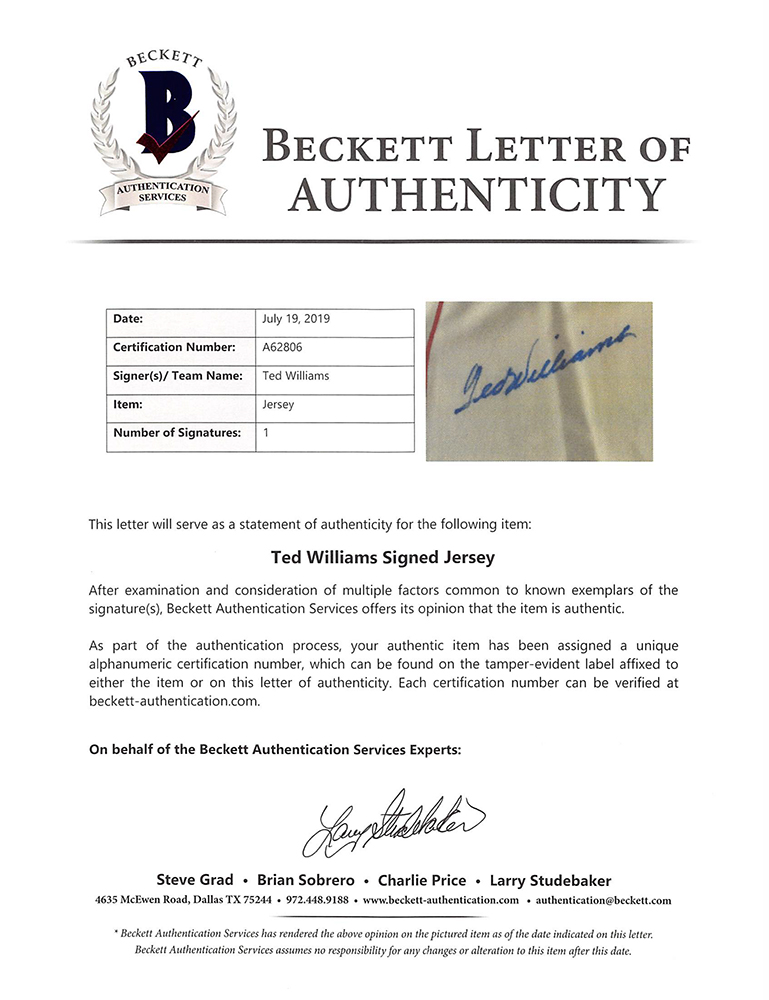 Ted Williams Signed Boston Red Sox Jersey (Beckett LOA) at PristineAuction.com Ted Williams Signed Boston Red Sox Jersey (Beckett LOA) at PristineAuction.com