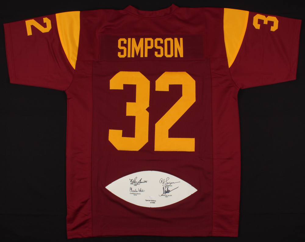 LE Heisman Trophy Winners Jersey with Football Panel Signed by (4) with Marcus Allen, O.J. Simpson, Mike Garrett & Charles White (JSA COA) at PristineAuction.com LE Heisman Trophy Winners Jersey with Football Panel Signed by (4) with Marcus Allen, O.J. Simpson, Mike Garrett & Charles White (JSA COA) at PristineAuction.com