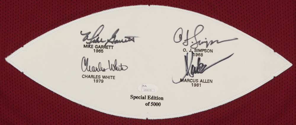 LE Heisman Trophy Winners Jersey with Football Panel Signed by (4) with Marcus Allen, O.J. Simpson, Mike Garrett & Charles White (JSA COA) at PristineAuction.com LE Heisman Trophy Winners Jersey with Football Panel Signed by (4) with Marcus Allen, O.J. Simpson, Mike Garrett & Charles White (JSA COA) at PristineAuction.com