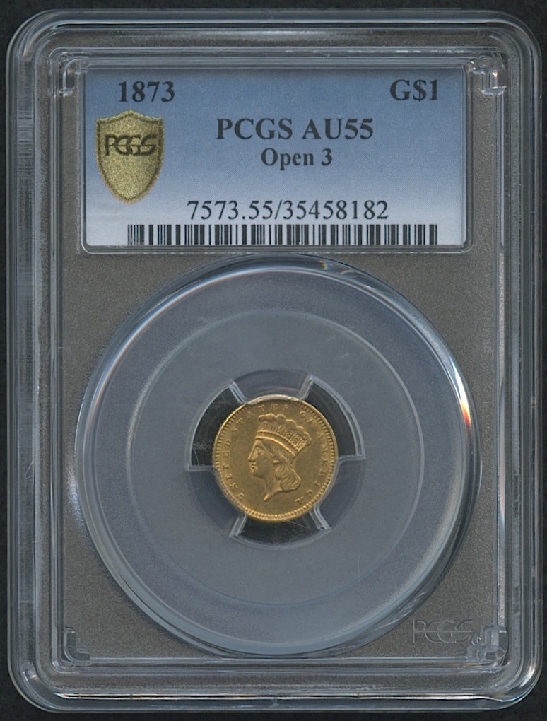 1873 $1 One Dollar Indian Princess Gold Coin - Open 3 (PCGS AU 55) at PristineAuction.com 1873 $1 One Dollar Indian Princess Gold Coin - Open 3 (PCGS AU 55) at PristineAuction.com