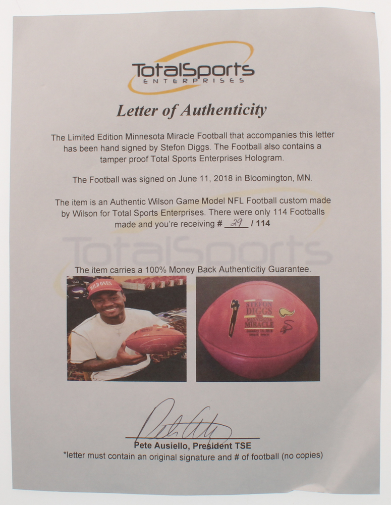 Stefon Diggs Signed LE "The Minnesota Miracle" Logo "The Duke" Official NFL Game Ball (TSE LOA) at PristineAuction.com Stefon Diggs Signed LE "The Minnesota Miracle" Logo "The Duke" Official NFL Game Ball (TSE LOA) at PristineAuction.com