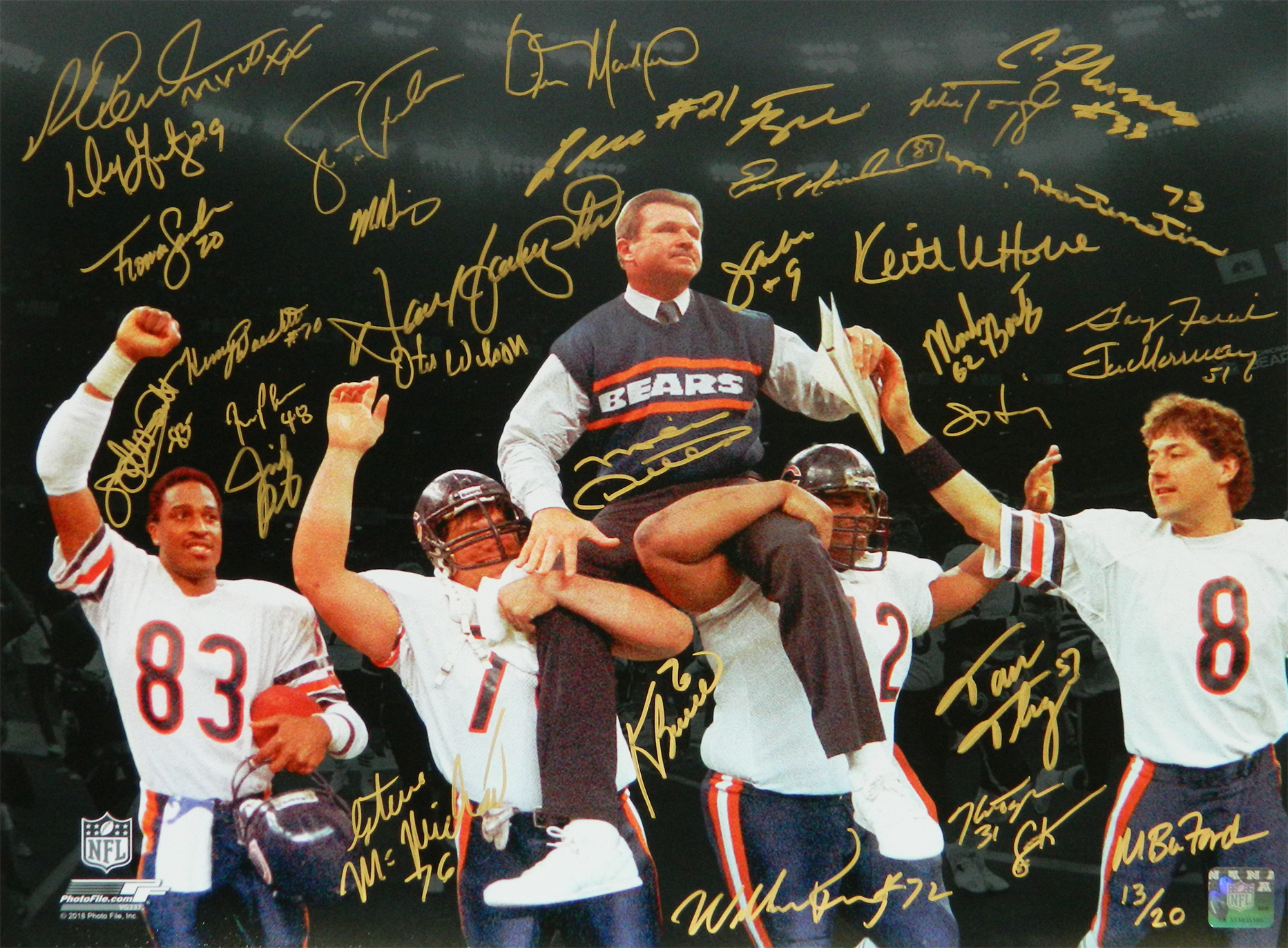 1985 Bears Super Bowl XX LE 16x20 Photo Team-Signed by (31) with Mike Ditka, Willie Gault, William Perry, Steve McMichael (Schwartz COA) at PristineAuction.com 1985 Bears Super Bowl XX LE 16x20 Photo Team-Signed by (31) with Mike Ditka, Willie Gault, William Perry, Steve McMichael (Schwartz COA) at PristineAuction.com