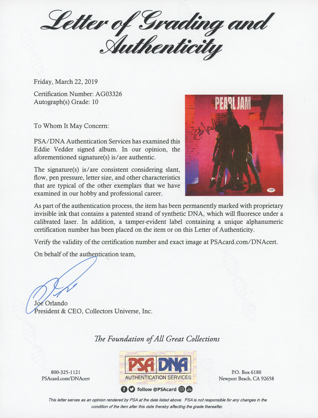 Eddie Vedder Signed Pearl Jam "Ten" Vinyl Record Album Cover (PSA LOA) at PristineAuction.com Eddie Vedder Signed Pearl Jam "Ten" Vinyl Record Album Cover (PSA LOA) at PristineAuction.com