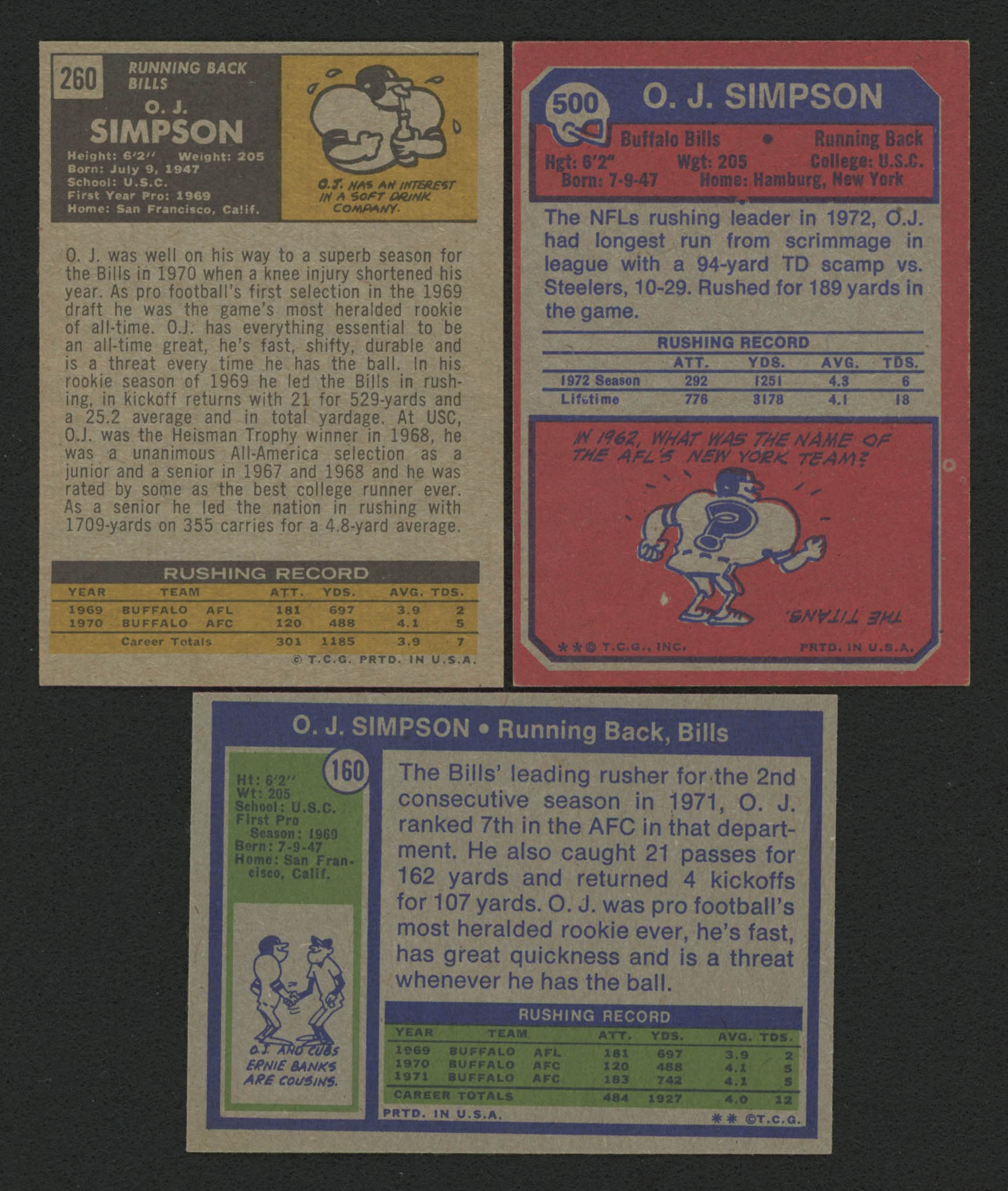 Lot of (3) O.J. Simpson Football Cards with 1971 Topps #260, 1973 Topps #500 & 1972 Topps #160 at PristineAuction.com Lot of (3) O.J. Simpson Football Cards with 1971 Topps #260, 1973 Topps #500 & 1972 Topps #160 at PristineAuction.com