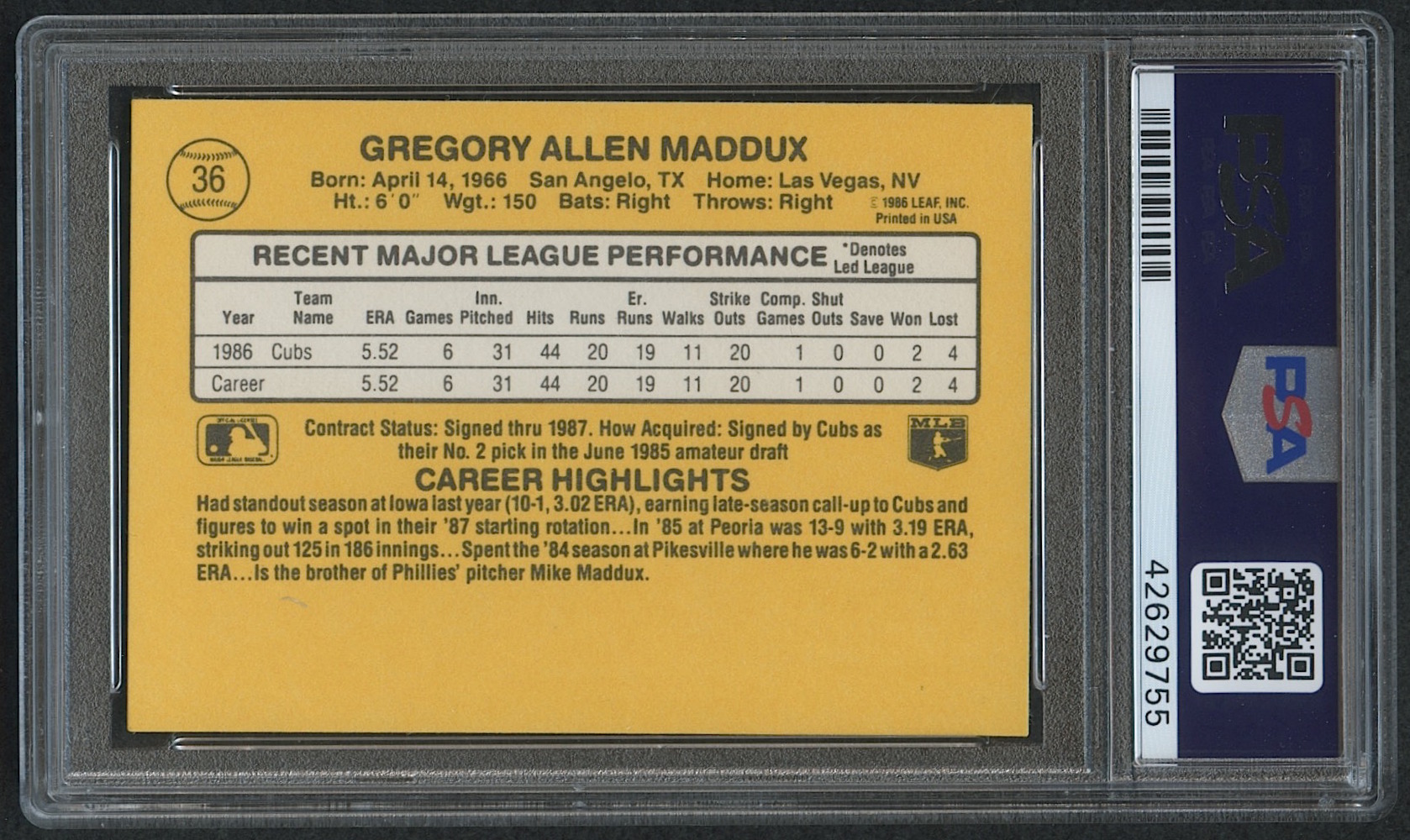 1987 Donruss #36 Greg Maddux RC (PSA 10) at PristineAuction.com 1987 Donruss #36 Greg Maddux RC (PSA 10) at PristineAuction.com