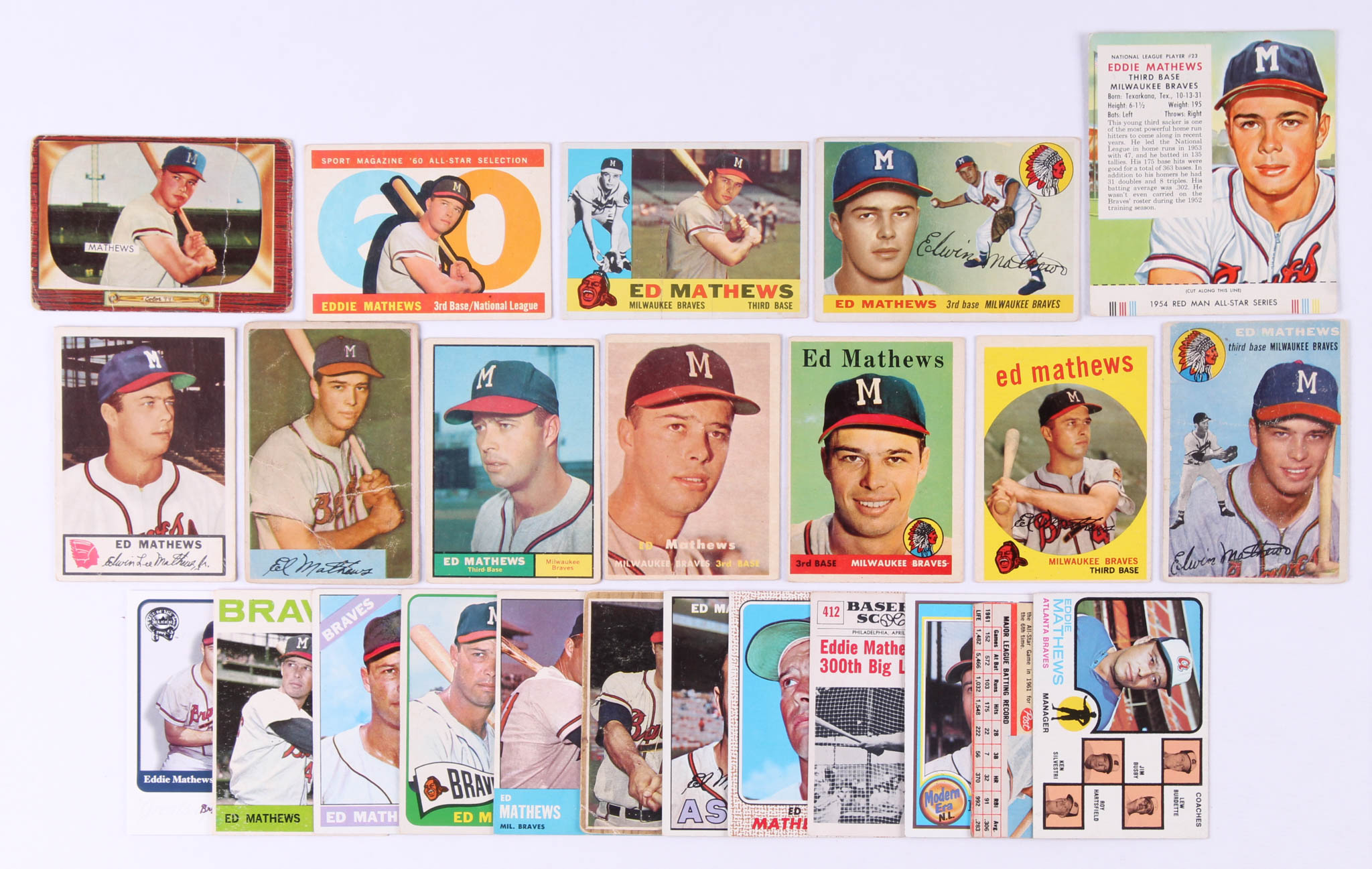 Lot of (24) Eddie Mathews Baseball Cards with 1957 Topps #250, 1955 Bowman #103, 1954 Bowman #64, 1955 Topps #155, 1954 Topps #30 at PristineAuction.com Lot of (24) Eddie Mathews Baseball Cards with 1957 Topps #250, 1955 Bowman #103, 1954 Bowman #64, 1955 Topps #155, 1954 Topps #30 at PristineAuction.com