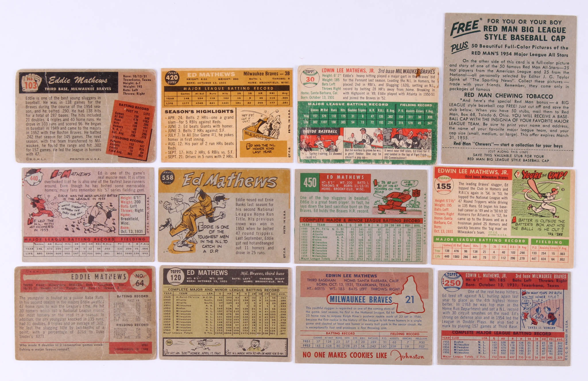 Lot of (24) Eddie Mathews Baseball Cards with 1957 Topps #250, 1955 Bowman #103, 1954 Bowman #64, 1955 Topps #155, 1954 Topps #30 at PristineAuction.com Lot of (24) Eddie Mathews Baseball Cards with 1957 Topps #250, 1955 Bowman #103, 1954 Bowman #64, 1955 Topps #155, 1954 Topps #30 at PristineAuction.com