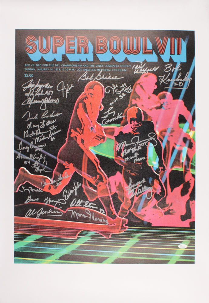 1972 Miami Dolphins Super Bowl VII Program 24x25.5 Photo on Canvas Signed by (27) with Bob Griese, Mercury Morris, Larry Csonka, Larry Little, Paul Warfield (JSA COA) at PristineAuction.com 1972 Miami Dolphins Super Bowl VII Program 24x25.5 Photo on Canvas Signed by (27) with Bob Griese, Mercury Morris, Larry Csonka, Larry Little, Paul Warfield (JSA COA) at PristineAuction.com