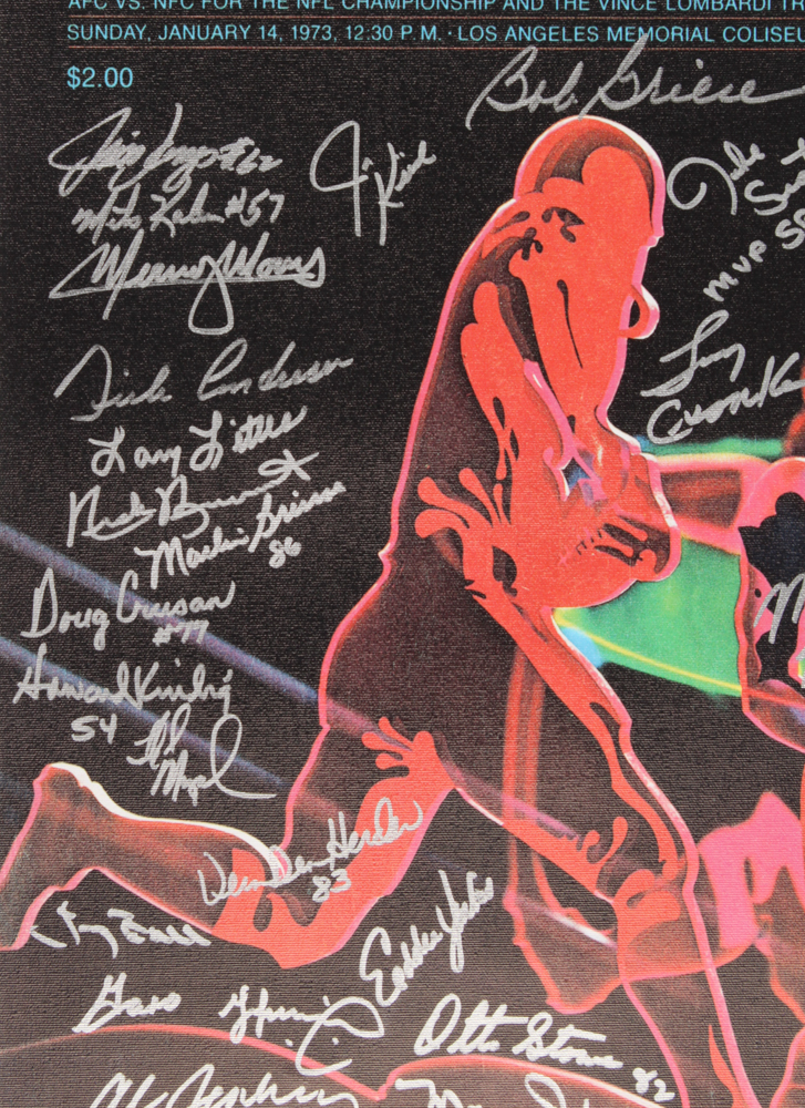 1972 Miami Dolphins Super Bowl VII Program 24x25.5 Photo on Canvas Signed by (27) with Bob Griese, Mercury Morris, Larry Csonka, Larry Little, Paul Warfield (JSA COA) at PristineAuction.com 1972 Miami Dolphins Super Bowl VII Program 24x25.5 Photo on Canvas Signed by (27) with Bob Griese, Mercury Morris, Larry Csonka, Larry Little, Paul Warfield (JSA COA) at PristineAuction.com